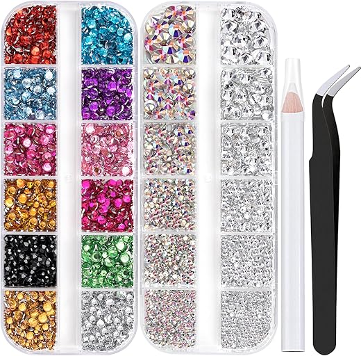 Two Packs of Flatback Rhinestones 4520 Pcs Crystal, Colorful Rhinestones for Nails, Multicolored+ AB+Transparent White Gems with Picker Tools for Bedazzling Nail Crafting Face Makeup