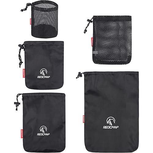 REDCAMP Stuff Sack Set of 5, Lightweight Mesh Nylon Drawstring Storage Bag Pouch for Travelling Hiking Black