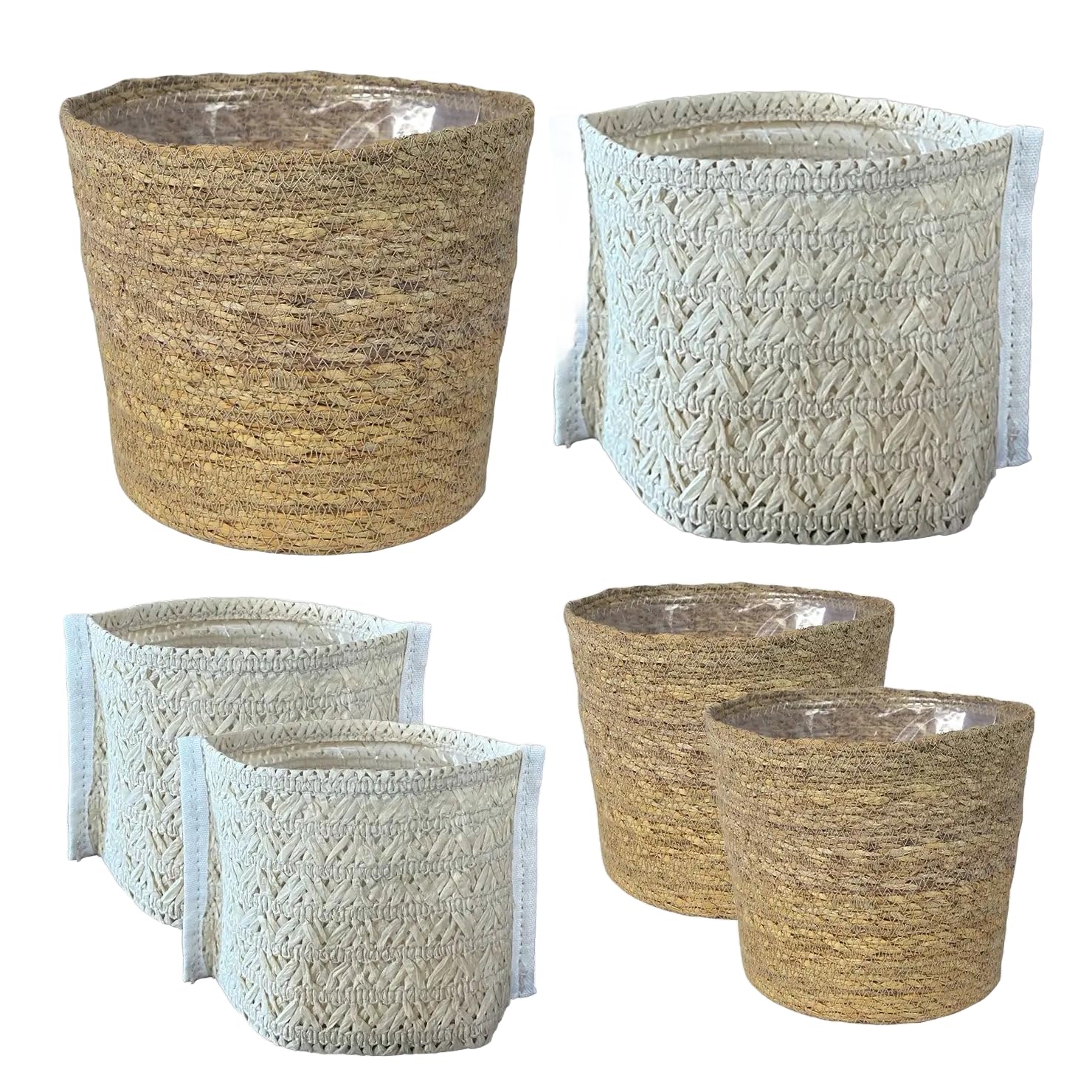 6er Blumentopf Set | 2X Seegraskörbe Natur 14 cm, 3X Sizo Bag Weiß (2X 13 cm, 1x 20 cm) | dekorative Pflanzkörbe mit Folieneinsatz | Boho Deko