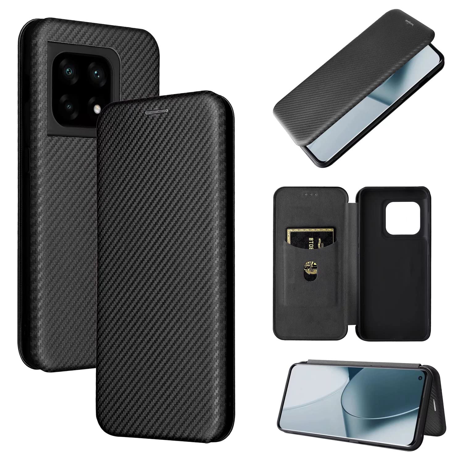 JeelarESONG Carbon Fibre Phone Case for OnePlus 10 Pro 5G, with Magnetic Closure and ID Card Holder Slot case,Scratch-Resistant Carbon Fibre PC + Shockproof TPU + Free Stand - Black