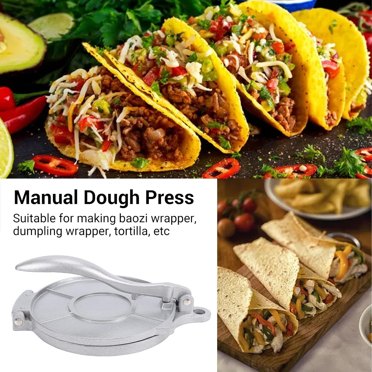 Manual Tortilla Press, 8.7" Aluminum Alloy Dough Maker Flatbread Pataconera with Oil Brush, for Tacos Dumplings