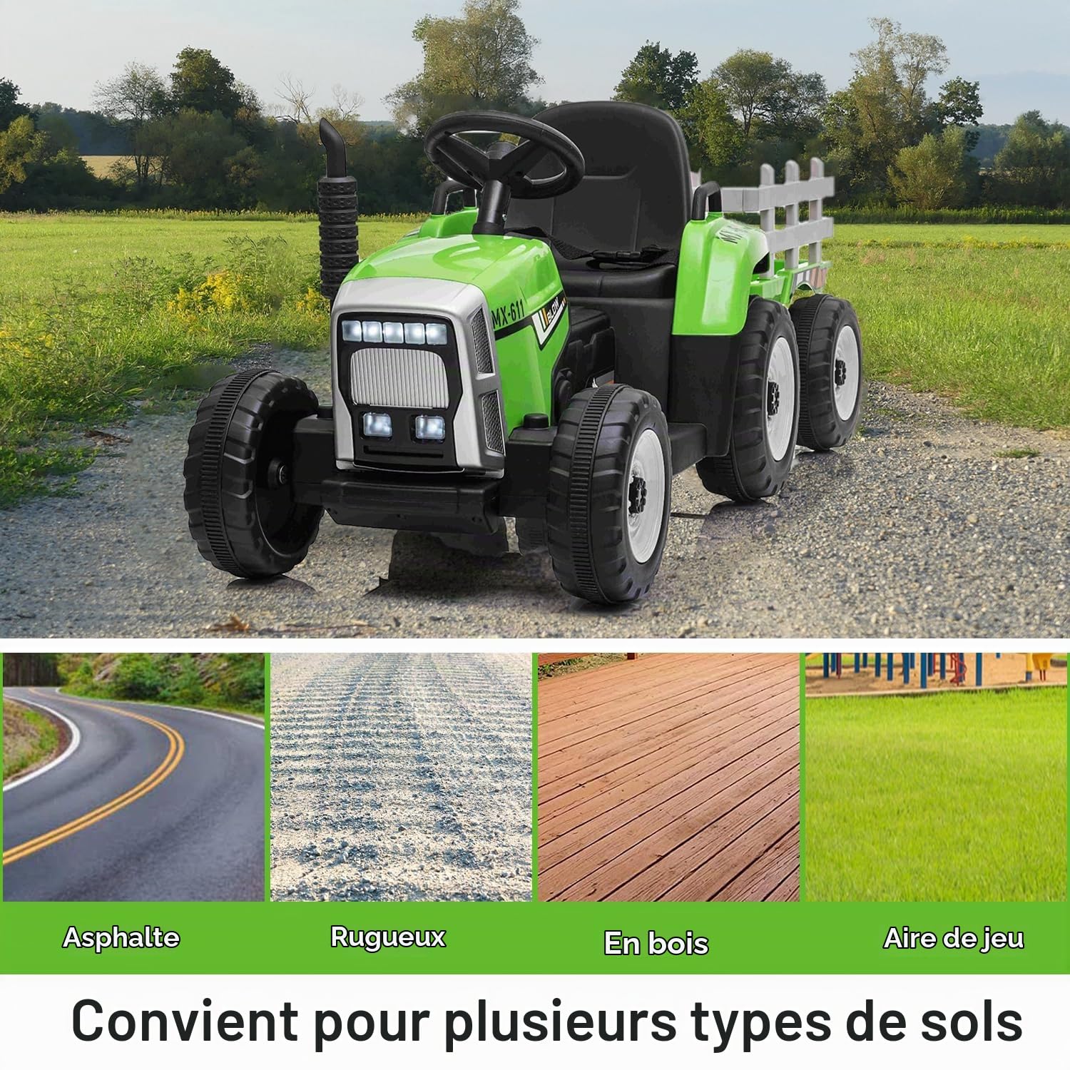 Tracteur électrique Workers avec remorque, Vert, Traction arrière, Batterie au Lithium, Roues Plastique, Large siège, télécommande 2,4 GHz, Lecteur MP3 avec entrée USB + Bluetooth, lumières LED