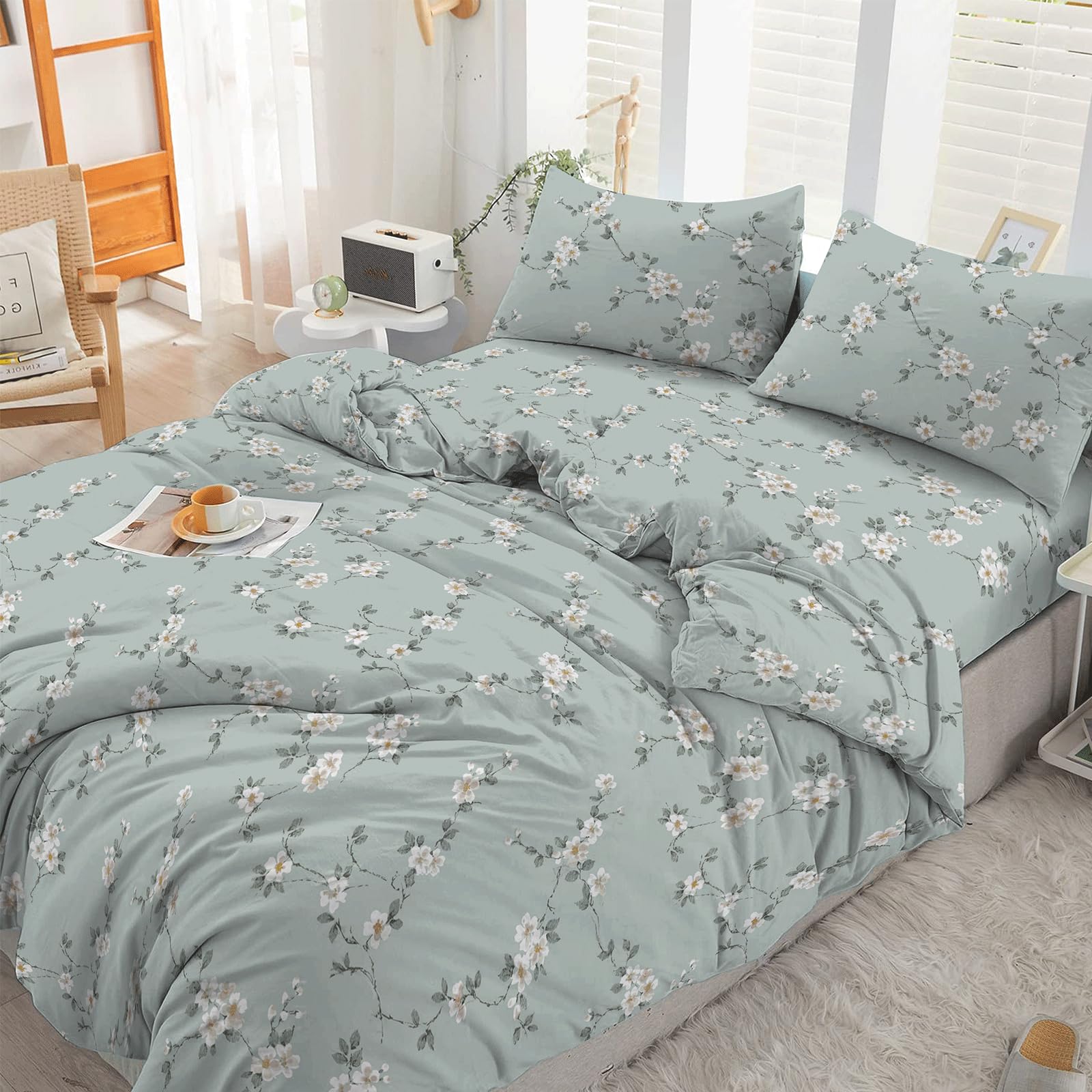 EverSoft Bedding 3Pcs Set 100% Egyptian Cotton Single Printed Duvet Cover with 1x Fitted Sheet, 1x Matching Pillowcase Pair- 400 Thread Count Quilt Reversible Floral Single Duvet Cover Sets — image 1