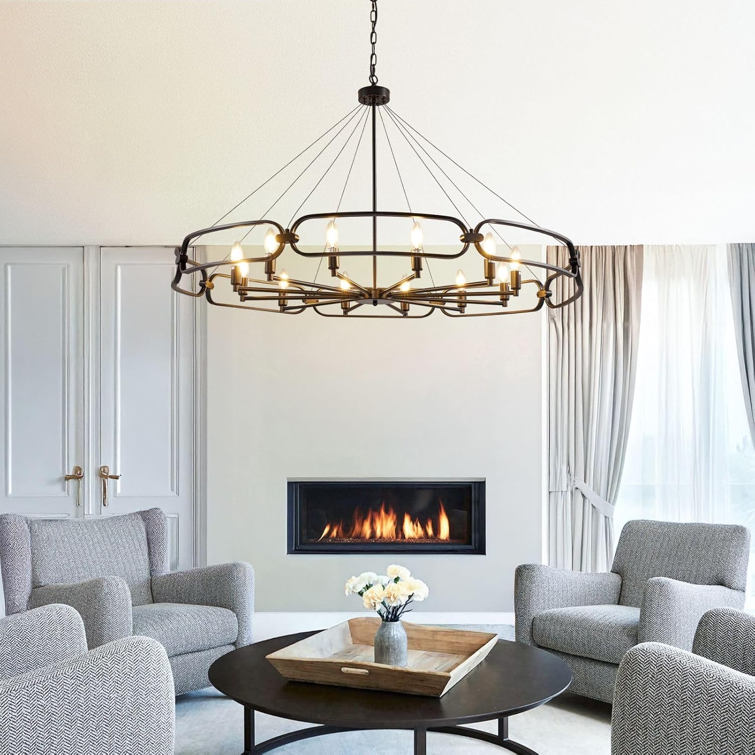 52.8" Industrial Style Black Chandelier, 8-Light Modern Chandeliers for Dining Room, Round kitchen Island Light Fixtures, Farmhouse Foyer Lighting Fixtures, for Living Room, Bedroom, Foyer, Entryway