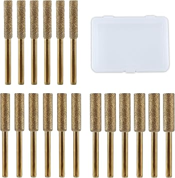 18 Pcs High Hardness Diamond Chainsaw Sharpener Bits 1/8" Shank Titanium Plated Burr Stone File 4/4.8/5 mm Burr Grinding Stone File for Chain Saw Wood Jewelry Stone 5/32",3/16",7/32",Golden