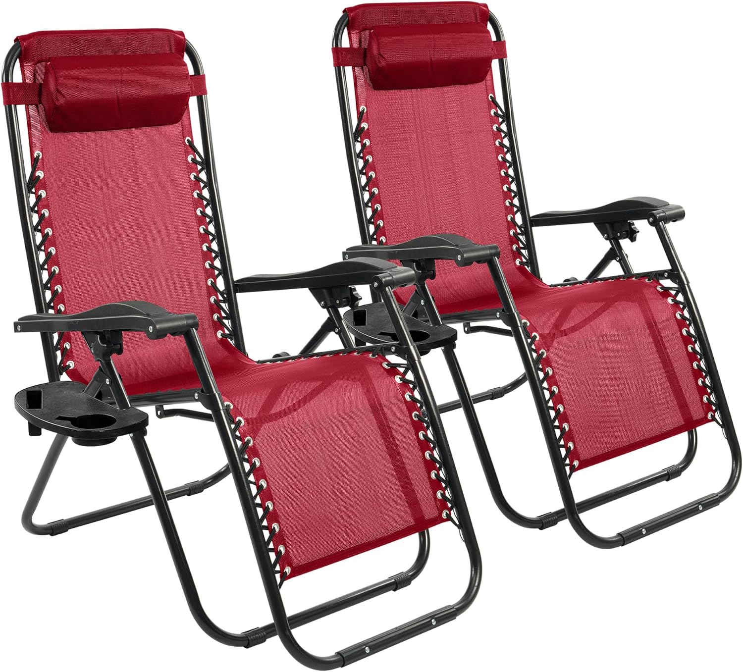 Elevon Zero Gravity Chair Set of 2 with Cup Holder & Removable Pillows, Adjustable Reclining Outdoor Patio Folding Chairs Portable Lounge Chair Furniture for Poolside, Lawn, Beach, Camping, Red