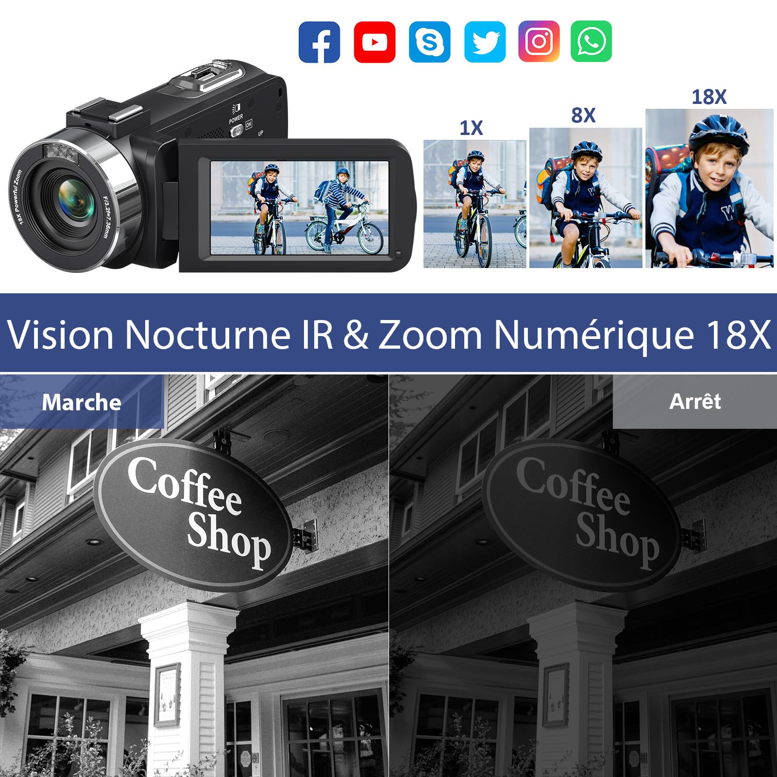Caméscope 4K Caméra Vidéo HD 80MP 30FPS Vision Nocturne Infrarouge Zoom Numérique 18X Webcam Camescope, 3,0’’ Pouces Rotation à Écran IPS Vlogging Camera pour Youtube avec 2 Batteries, Carte SD 32Go