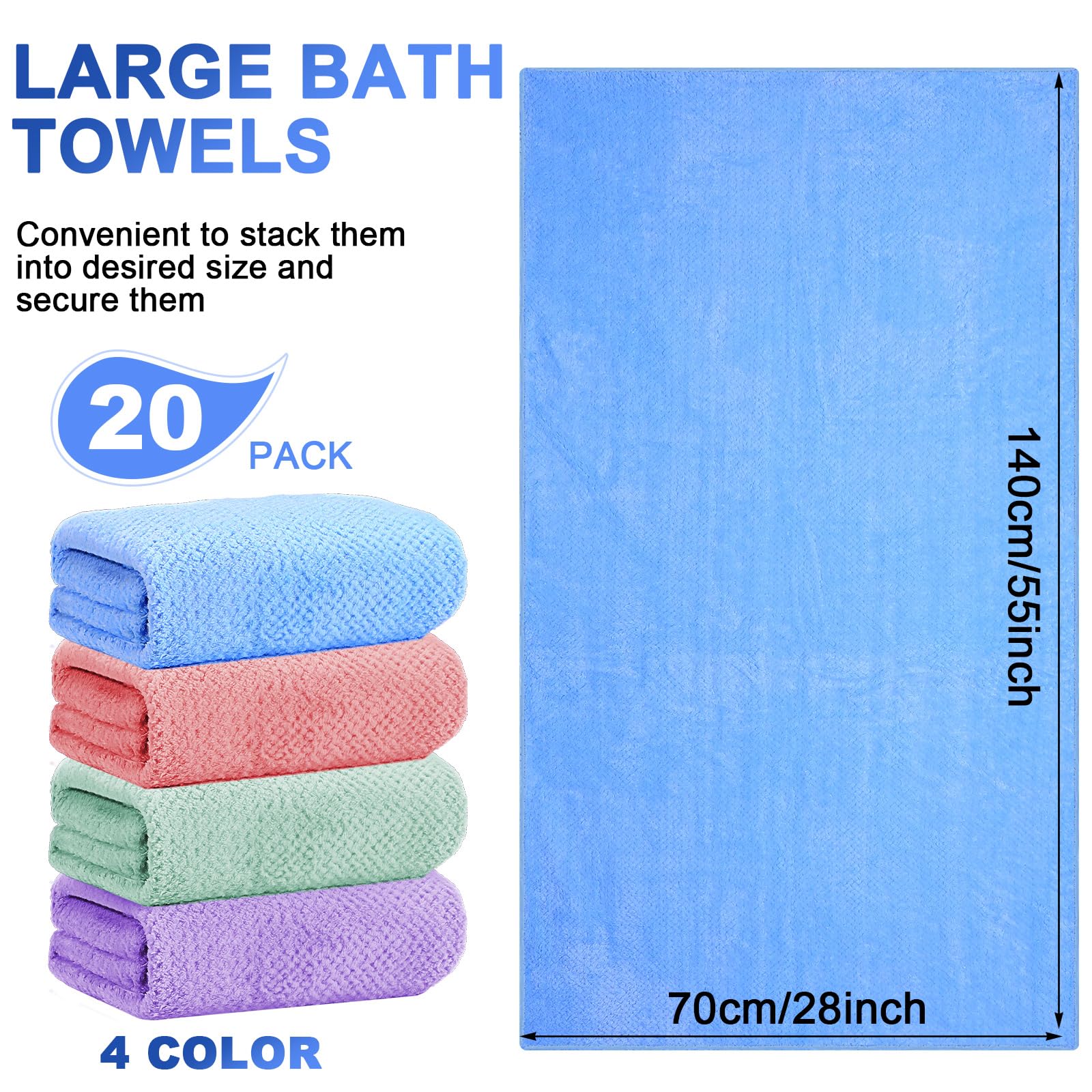 Newwiee 20 asciugamani da bagno grandi, 139,7 x 71,1 cm, 300 g/m², extra assorbenti, ad asciugatura rapida, per bagno, spa, fitness, sport, yoga e viaggi (rosa, verde, blu, viola)