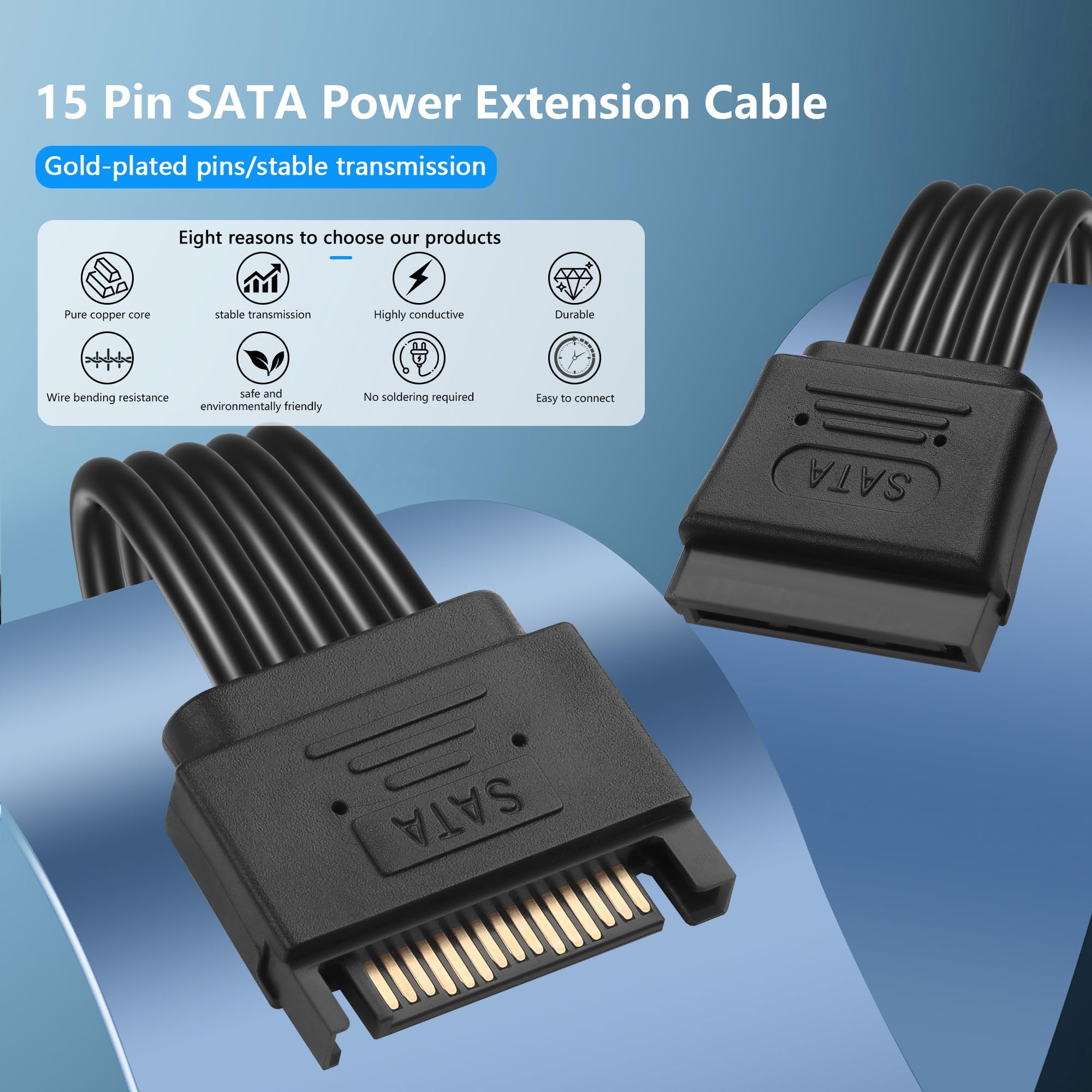 GINTOOYUN Zestaw 2 szt. 15 pin SATA Power Extension Cable 18AWG 15 pin męski do żeński dysk twardy SATA kabel zasilający do dysku twardego HDD (8,46 cala)