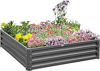 Outsunny 432L Square Raised Garden Bed Box with Weatherized Steel Frame for Vegetables, Flowers and Herbs, 120 x 120 x 30cm, Light Grey