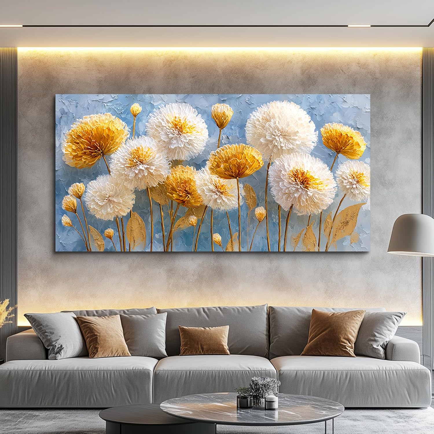JUDASJART Canvas Wall Art For Living Room Wall Decor For Bedroom Office Wall Decoration Yellow White Puff Flower Landscape Painting Farmhouse Pictures Artwork Room Aesthetic Home Decor 20x40 In