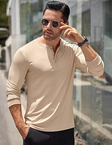 Miniatura 4 de COOFANDY Camisas Henley de manga larga para hombre, camisetas elásticas acanaladas, camisetas básicas casuales de moda