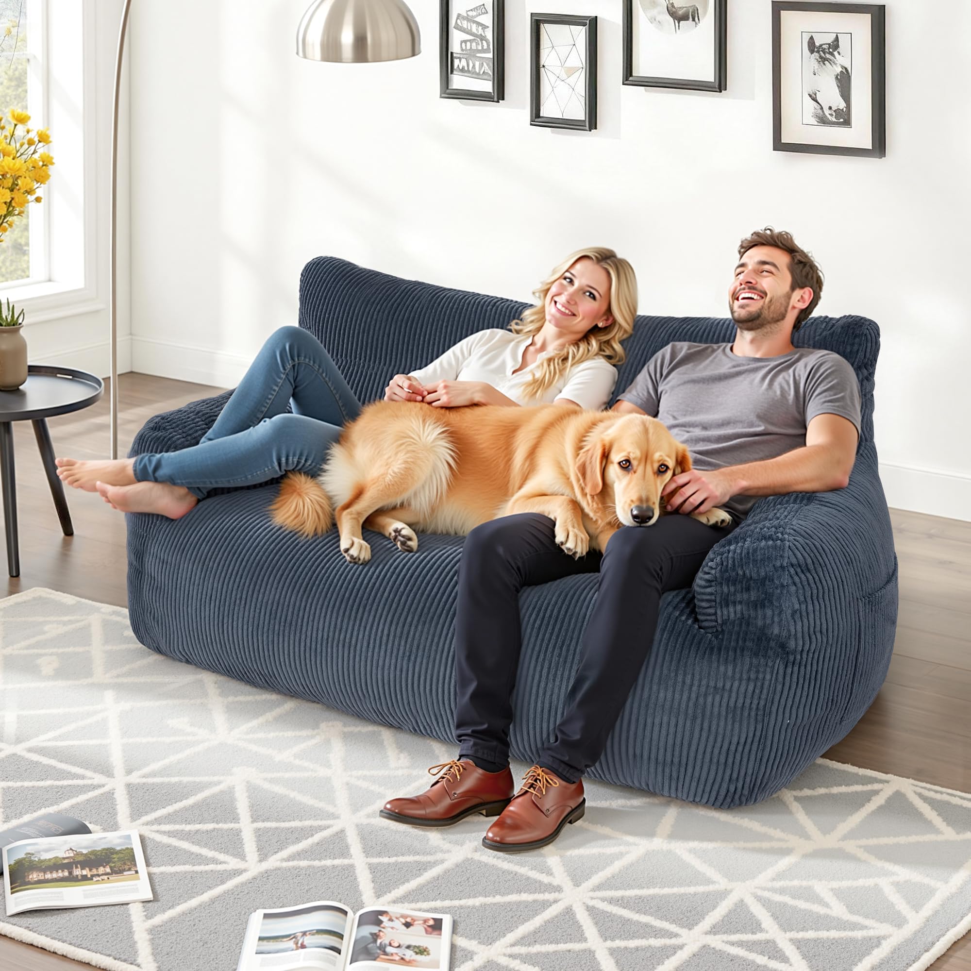 Pamapic Sitzsack für Erwachsene, Doppeltes Sitzsack mit Füllung, Sitzsack Sessel mit Tragbarem Griff & Seitentaschen, Lounge Sessel für Wohnzimmer, Schlafzimmer, Spielzimmer, 80 x 150 x 65 cm, Blau