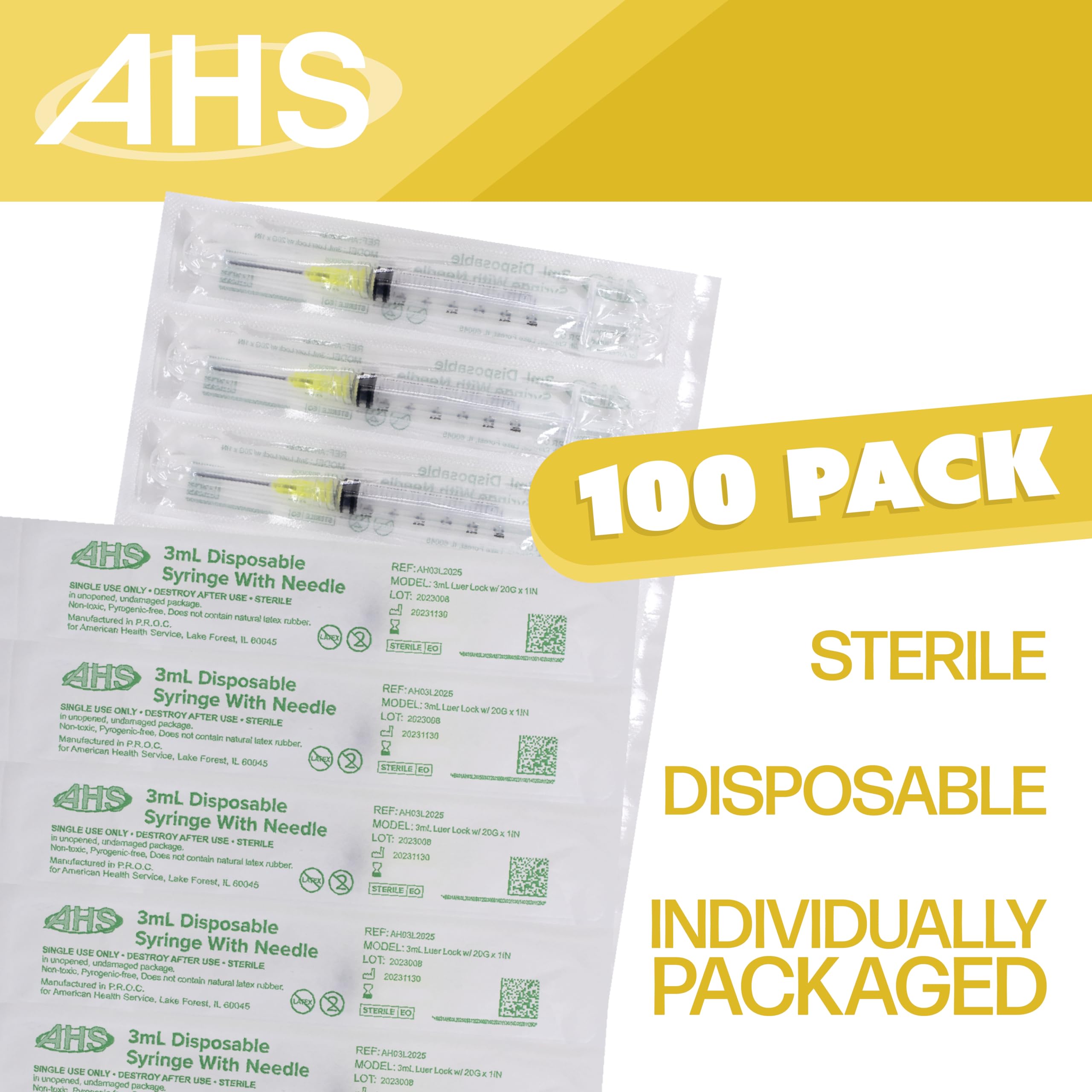 Generic 100 Pack, 3mL Syringes with Needle Luer Lock Syringe Individually Packaged (3mL, 20G x 1in)