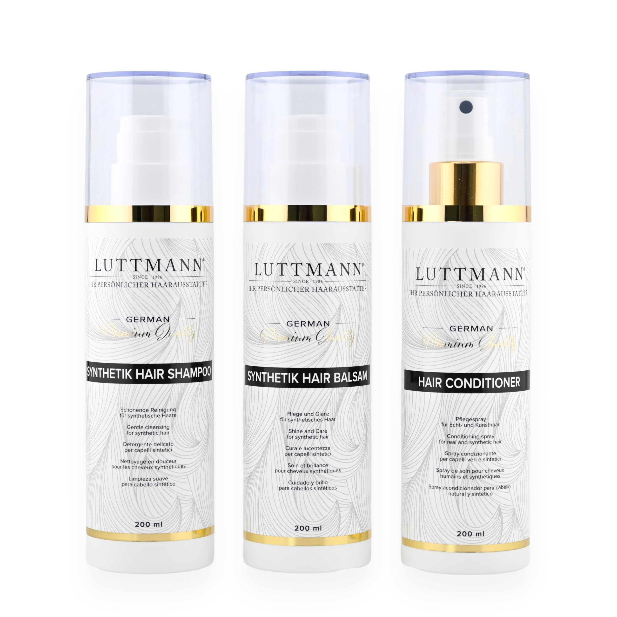 Kunsthaar Pflegeset – Perücken Shampoo, Balsam & Conditioner – Pflege für synthetische Haare, Kunsthaarperücken, Haarteile & Zweithaar – 3 x 200 ml