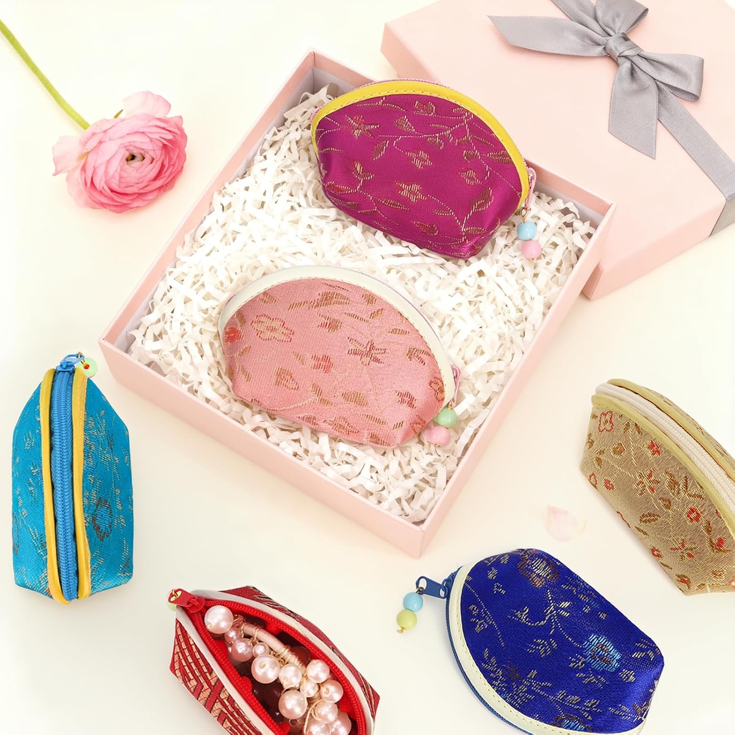 ZOOFOX 30 Pieces Silk Coin Purse for Women, Embroidery Jewelry Gift Bags with Zipper and Beaded Pulls, Mini Change Purse for Daily Life, Cars, Travel and Party - Image 7