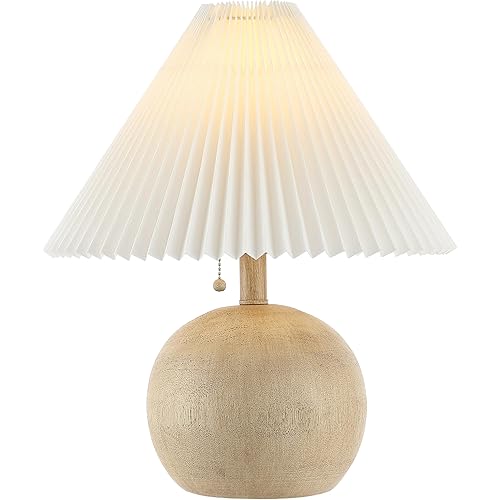 JONATHAN Y JYL1145B Aksel 17.25" Coastal Scandinavian Resin/Iron Sphere LED Table Lamp with Pleated Shade and Pull Chain, Beige Wood Finish/White, for Entry Console, Bedroom, Living Room