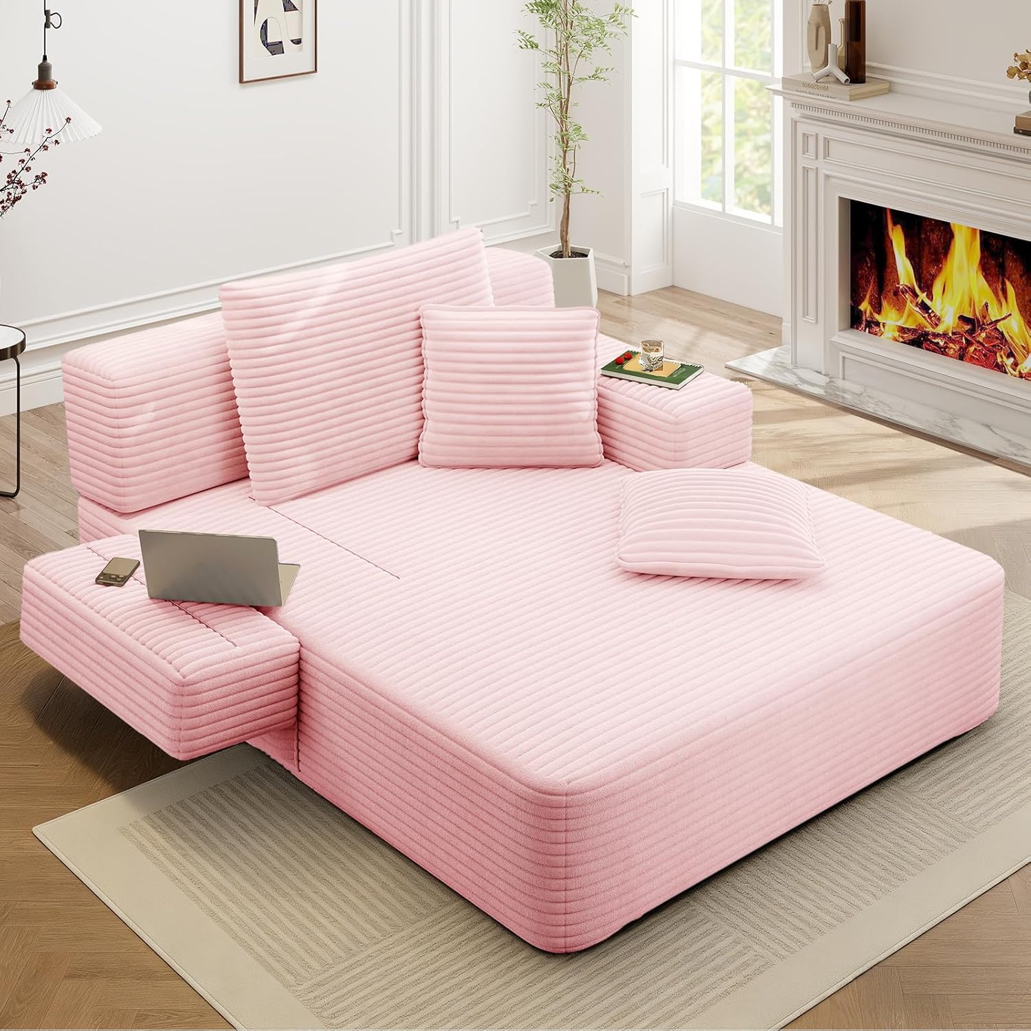 2-in-1 Convertiable Oversized Chaise Lounge Chair Indoor, 48.5" Corduroy Comfy Boneless Sofa Chair with Reversible Backrest & Pockets, Cloud Couch Sleeper Sofa Bed for Living Room, Bedroom(Pink)