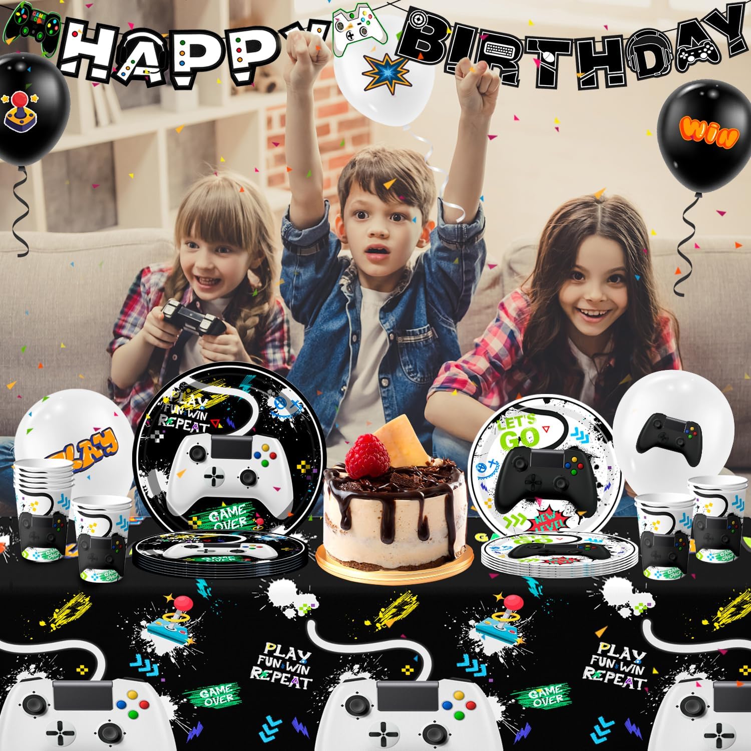Video Game Party Decorations, 16 Guests Gamer Birthday Decorations Video Game Party Tableware Set Watercolor Gamer Birthday Plates Napkins Tablecloth Balloons Banner etc Gaming Party Supplies