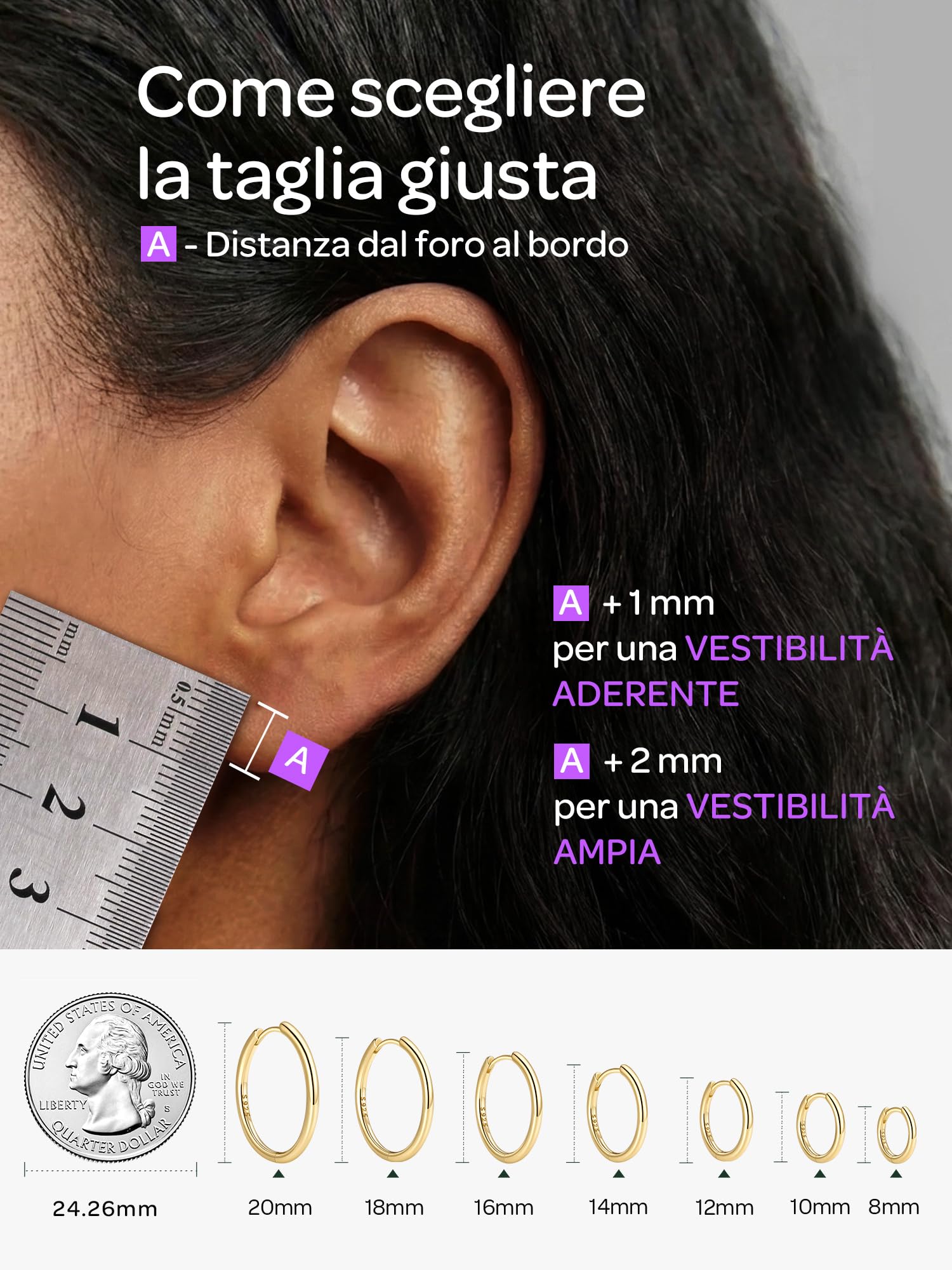 ChicSilver 8-20mm Orecchini a Cerchio Donna Argento 925 Nero Oro Rosa | argento 925 delicato sulla pelle e anallergico; design semplice e classico, brillante, elegante,intramontabile e versatile