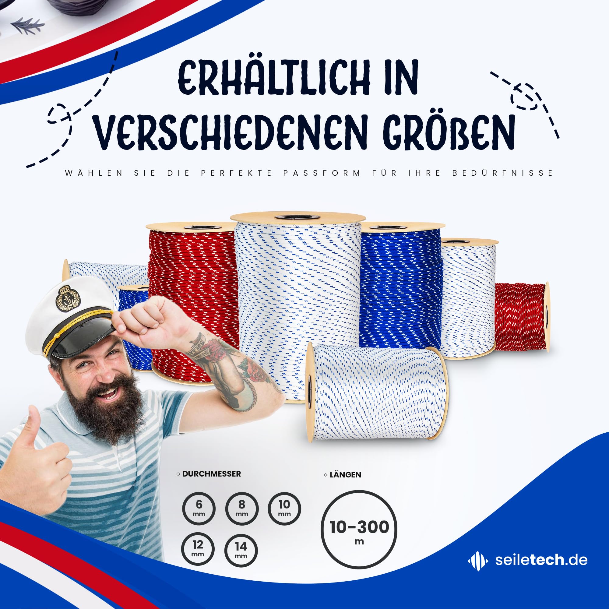 Polyesterseil – 12mm – 30m – Weiss mit blau Flecken – Schotseil – Kordel – 16-Fach geflochten – guter Griff