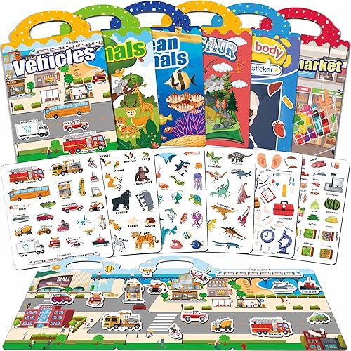 Miniatura 8 de 6 juegos de libros de calcomanías reutilizables para niños pequeños, libros de calcomanías de gelatina para niños pequeños, juguetes de viaje para
