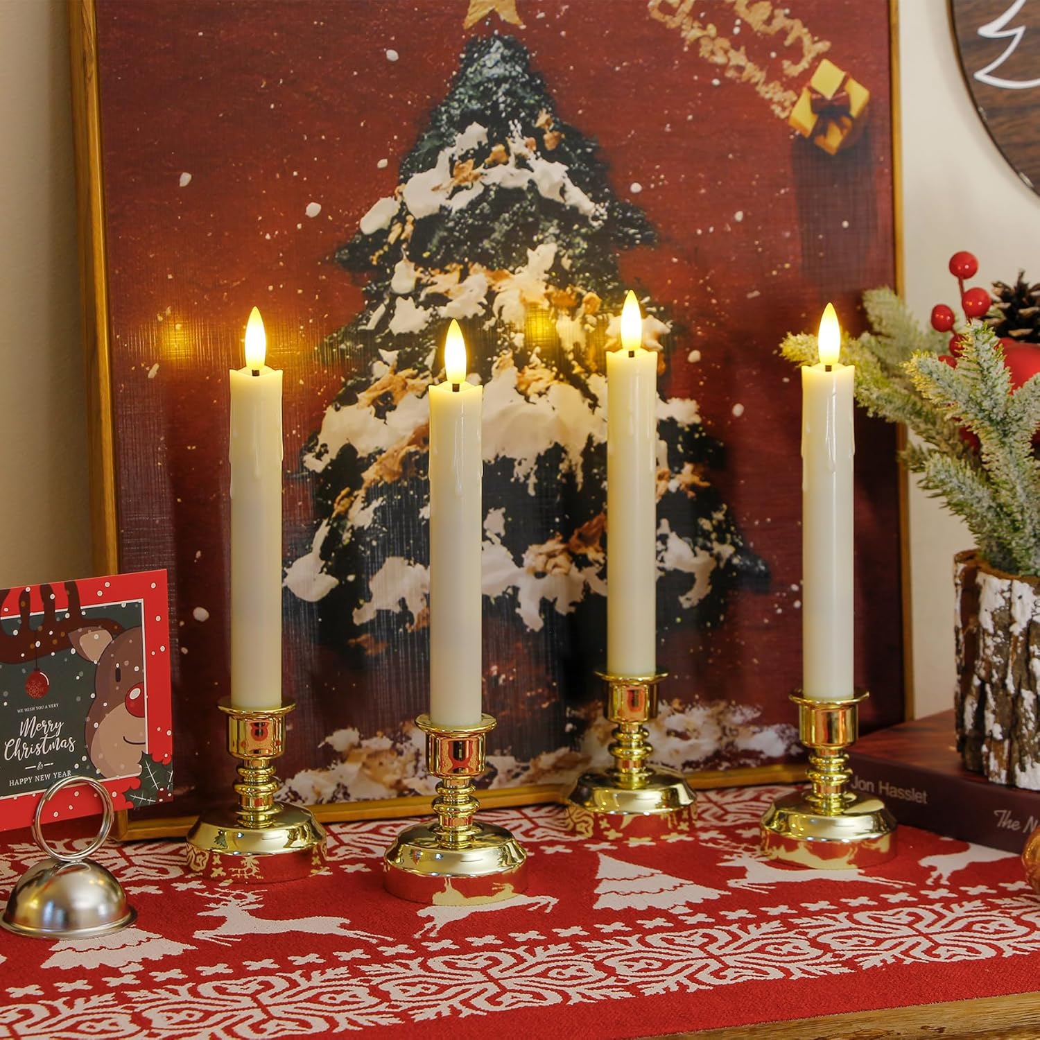 LED Window Candles with Holders and Remote Controls, Ivory Flameless Battery Operated Fake Taper Pack of 6 Candles with Timer Function (Gold Holder)