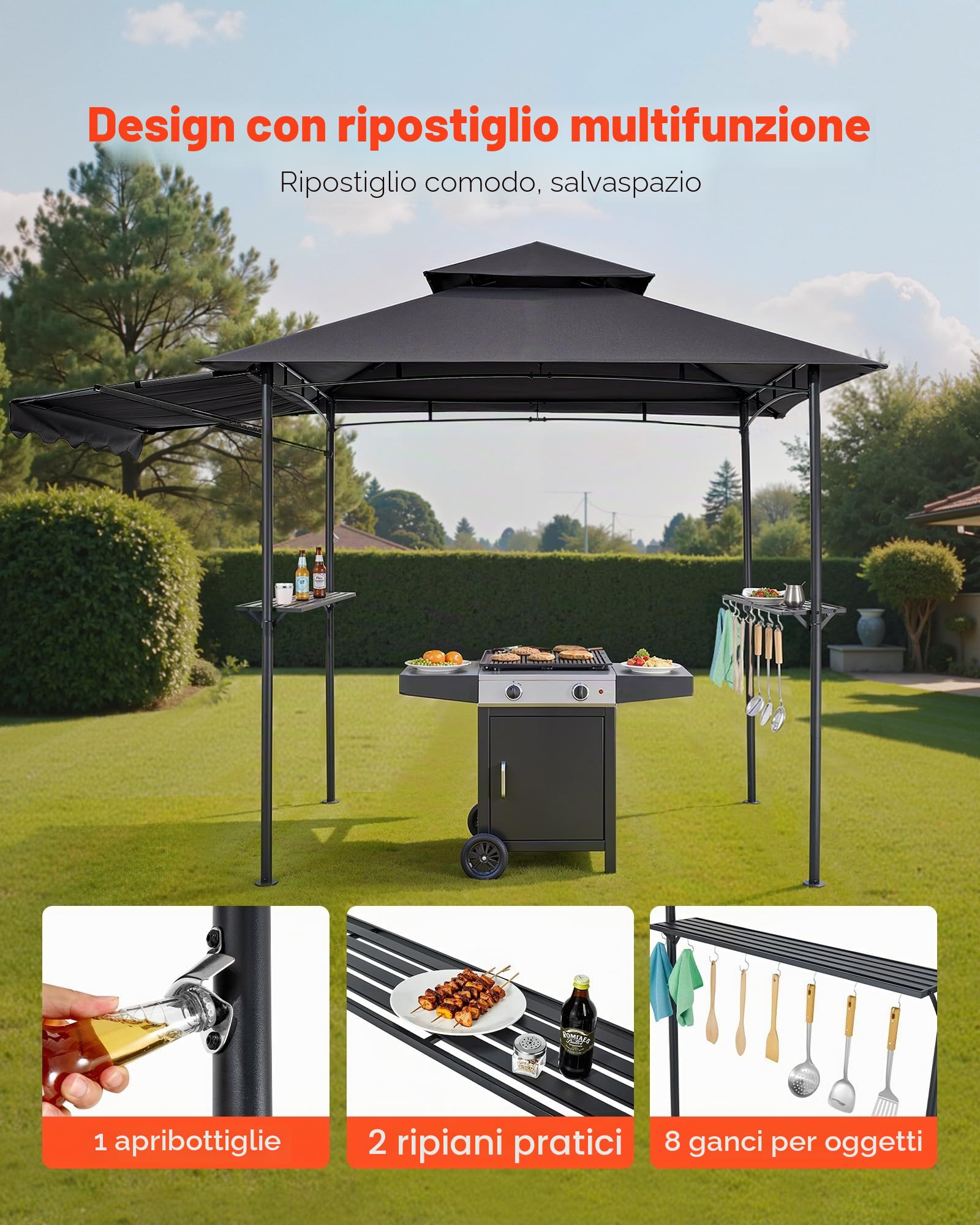 VEVOR Gazebo per Barbecue 243x150 cm, Tenda Gazebo per Barbecue da Esterno con Tettoia, Tetto a 2 Livelli, Copertura per BBQ da Giardino in Acciaio Verniciato a Polvere, per Grigliate, Feste, Picnic