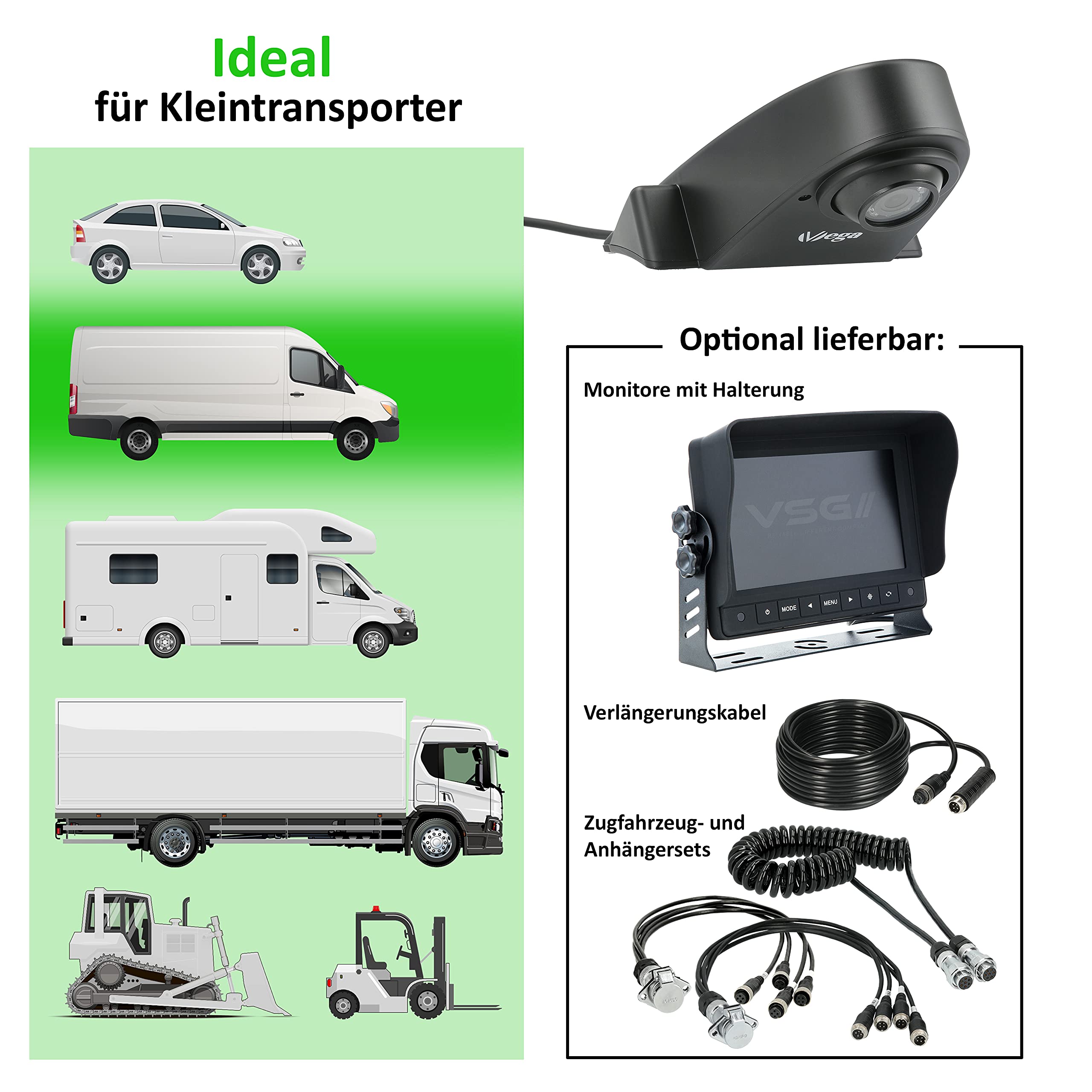 VSG24 Transporter Kugelkopf Rückfahrkamera, Sprinter Kamera inkl. Adapter Kabel, 600TV Auflösung, Nachtsicht, 120° Winkel, 12 V, IP68 - Schwarz