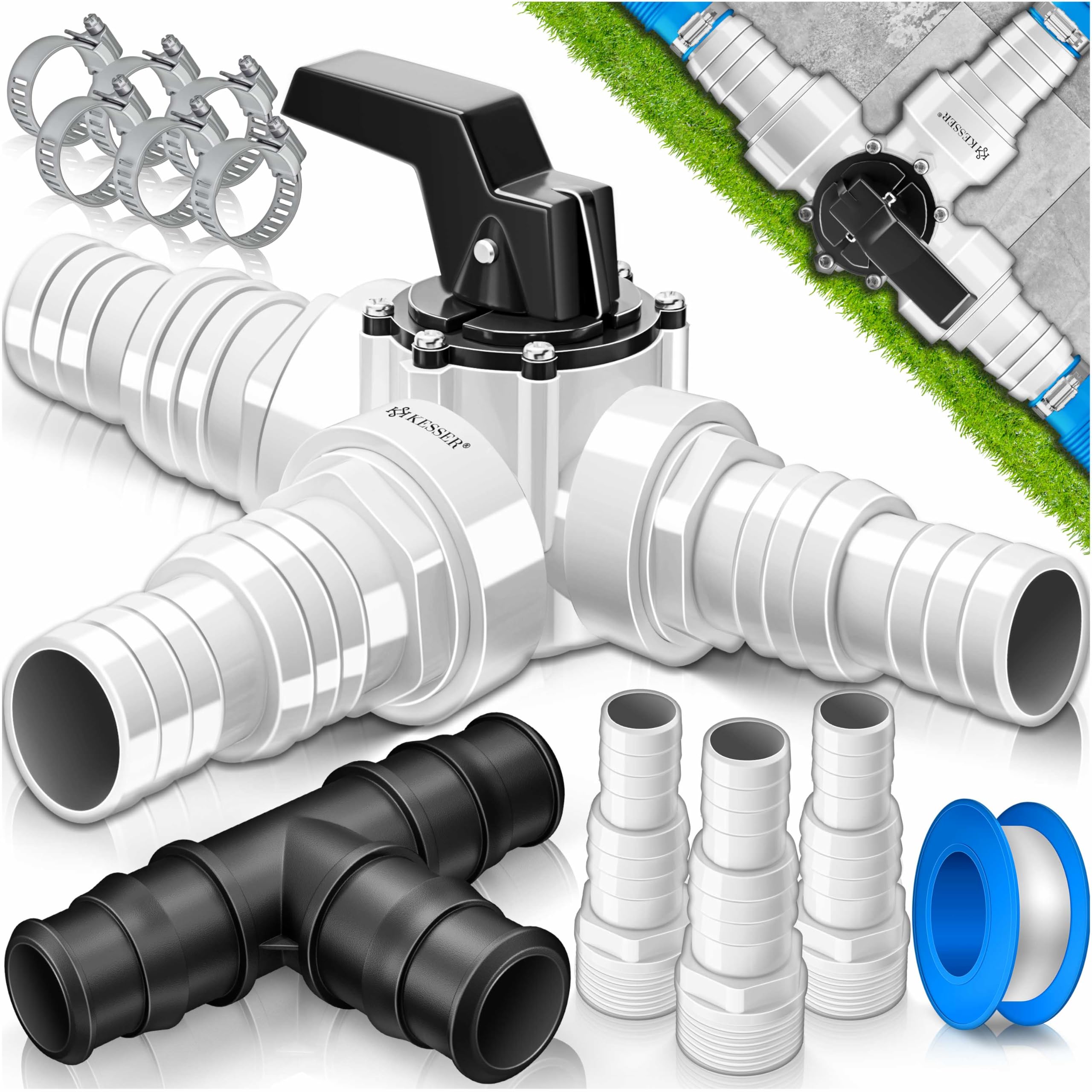 KESSER® Bypass Set Pool 12-teilig | 3-Wege Ventil Anschluss & ABS-Adapter Ø32 & Ø 38mm | mit 6x Edelstahl-Schlauchschellen & 8m Teflon-Dichtband | Ideal für Sandfilteranlage, Wärmepumpe & Solarheizung