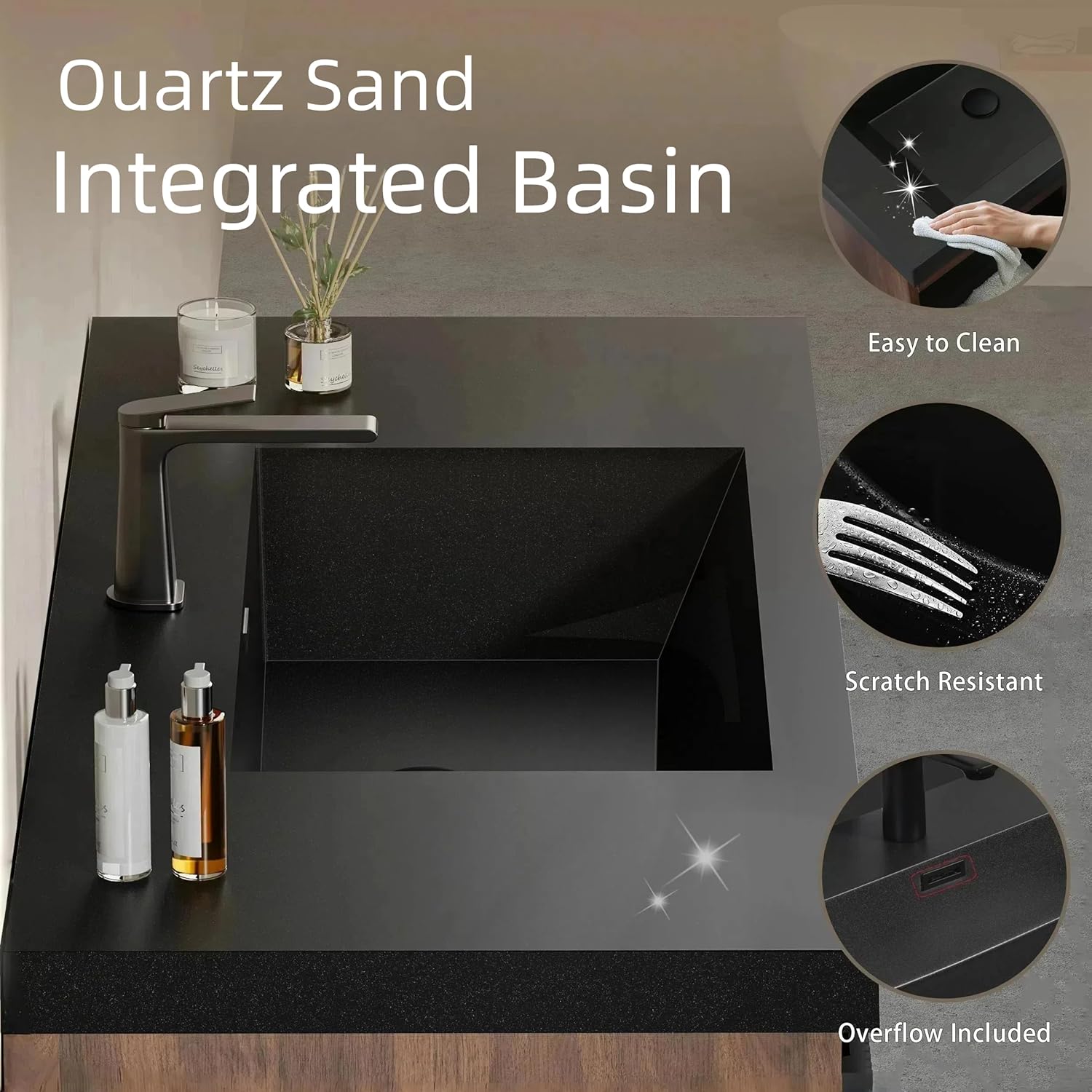 30'' Floating Bathroom Vanity with Sink, Wall-Mounted Bathroom Storage Cabinet with Soft-Close Striped Drawer & Quartz Sand Basin, Modern Smoked Walnut Body with Internal Handle, Black