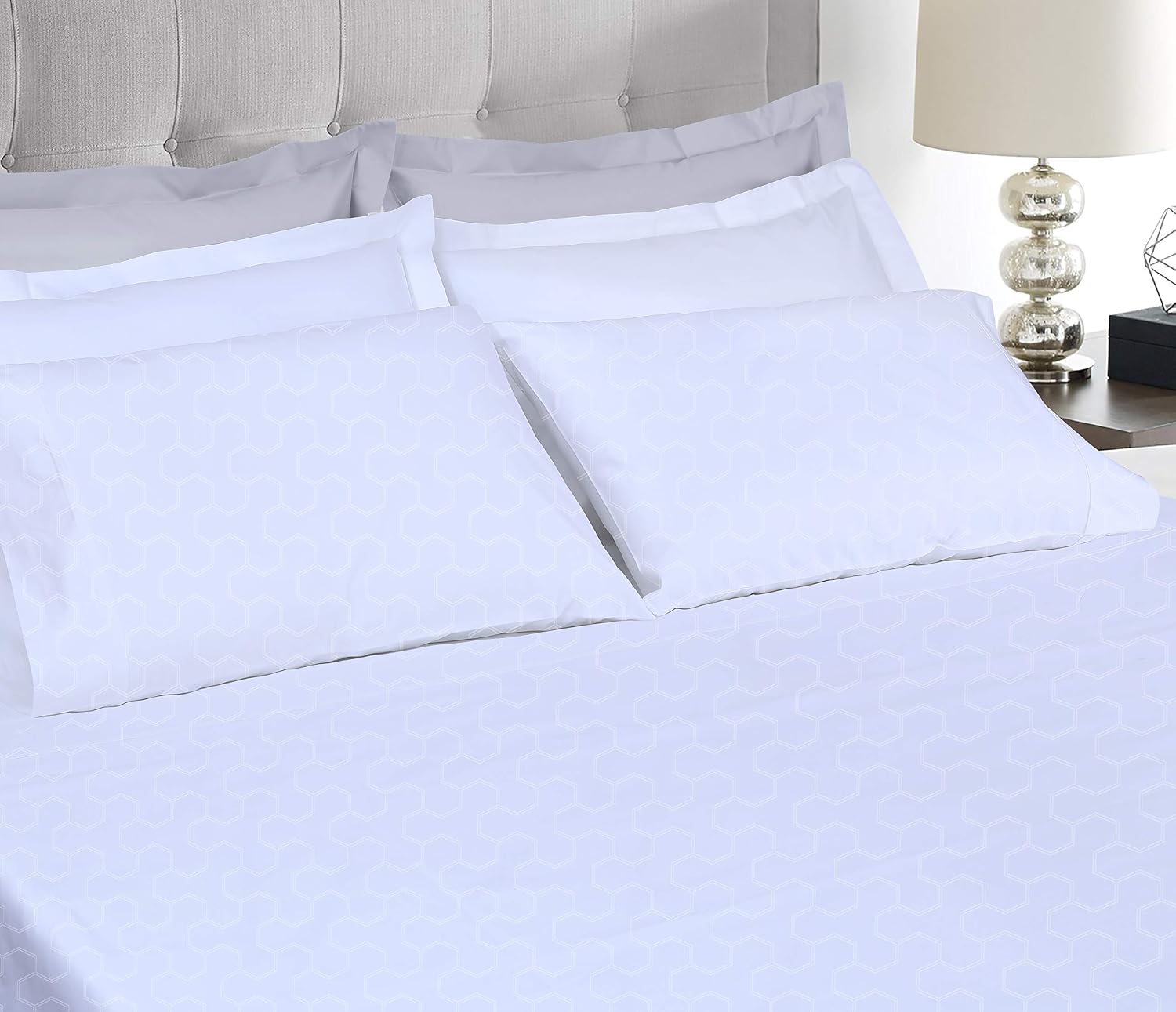 Threadmill 500 Thread Count King Size 4 Pc Luxury Cotton Bed Sheet Set, Jacquard Floria Hotel White, Silky Soft Sheets with 16" Elasticized Deep Pocket, 2 Pillowcases & Free Tote Bag