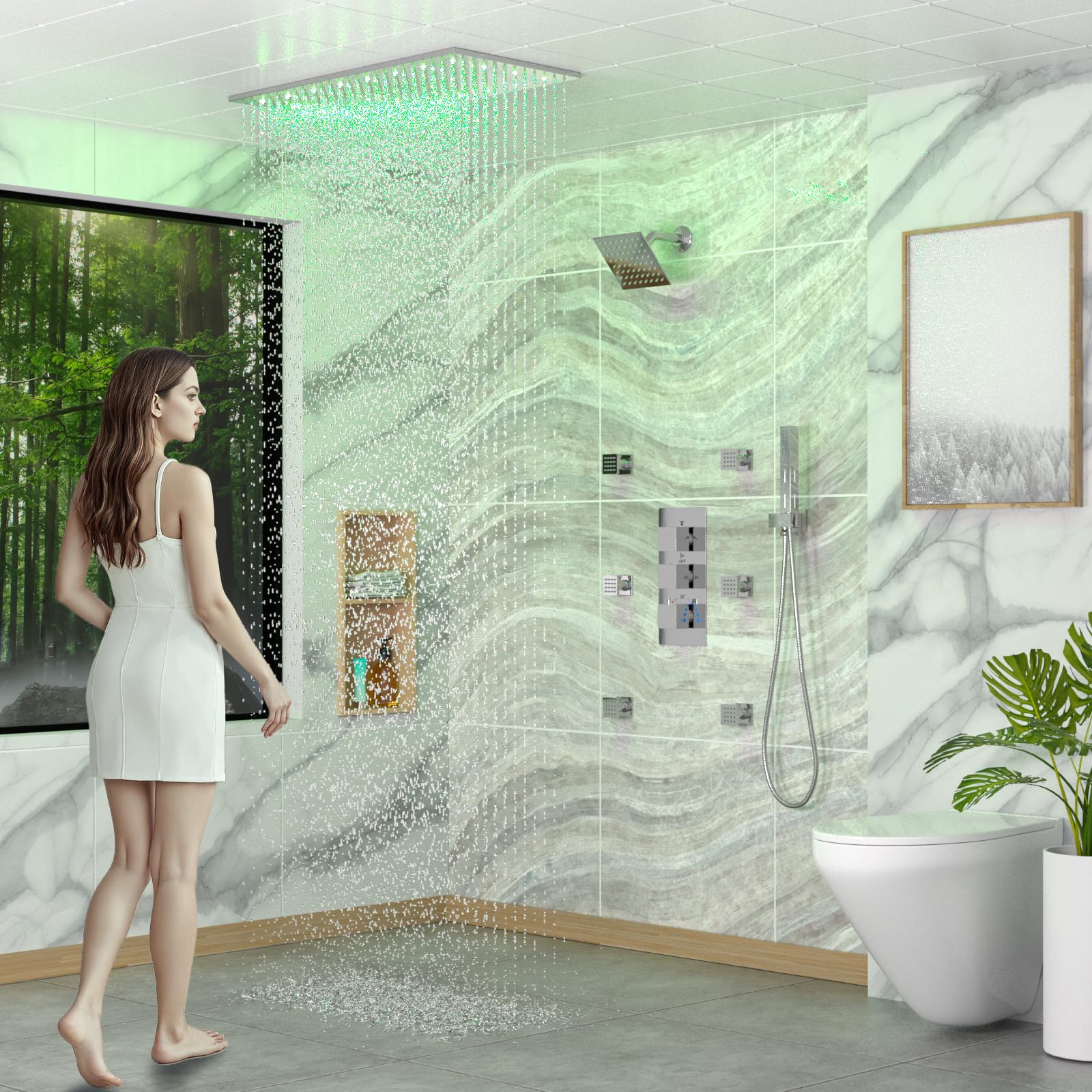 Enga Sistema termostático de doble cabezal de ducha, 15.7 x 31.5 pulgadas, ducha LED de lluvia con cabezal de pared de 6 pulgadas, 6 chorros de cuerpo con interruptor de encendido/apagado, juego de