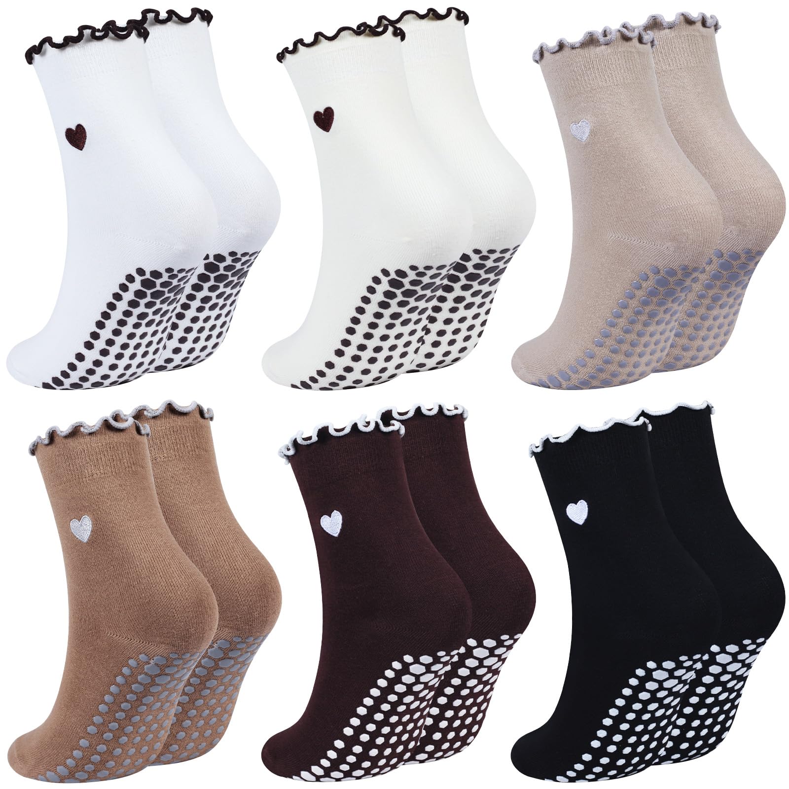 Dashuaige Women's Khaki, White, Black 6 Pairs Pilates Socks For Non Slip Reformer Pilates Socks And Yoga Socks, Cute Grippy Socks For With Heart Embroidery For Barre, Hospital And Home