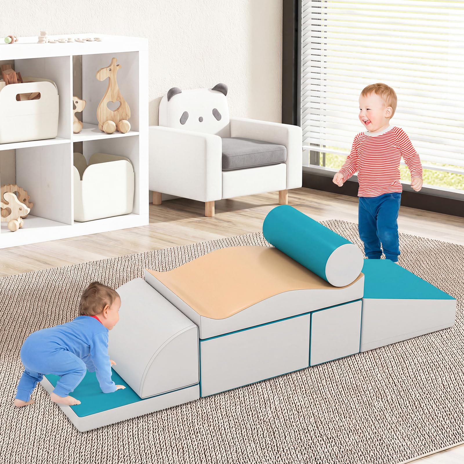 COSTWAY 7PCS Parcours Motricité Bébé en Mousse avec Housse en PU, Module Motricité Bébé avec Diverses Couleurs & Formes, Jouets Éducatifs pour Ramper Grimper, Nettoyage Facile, 18 Mois+ (Bleu)