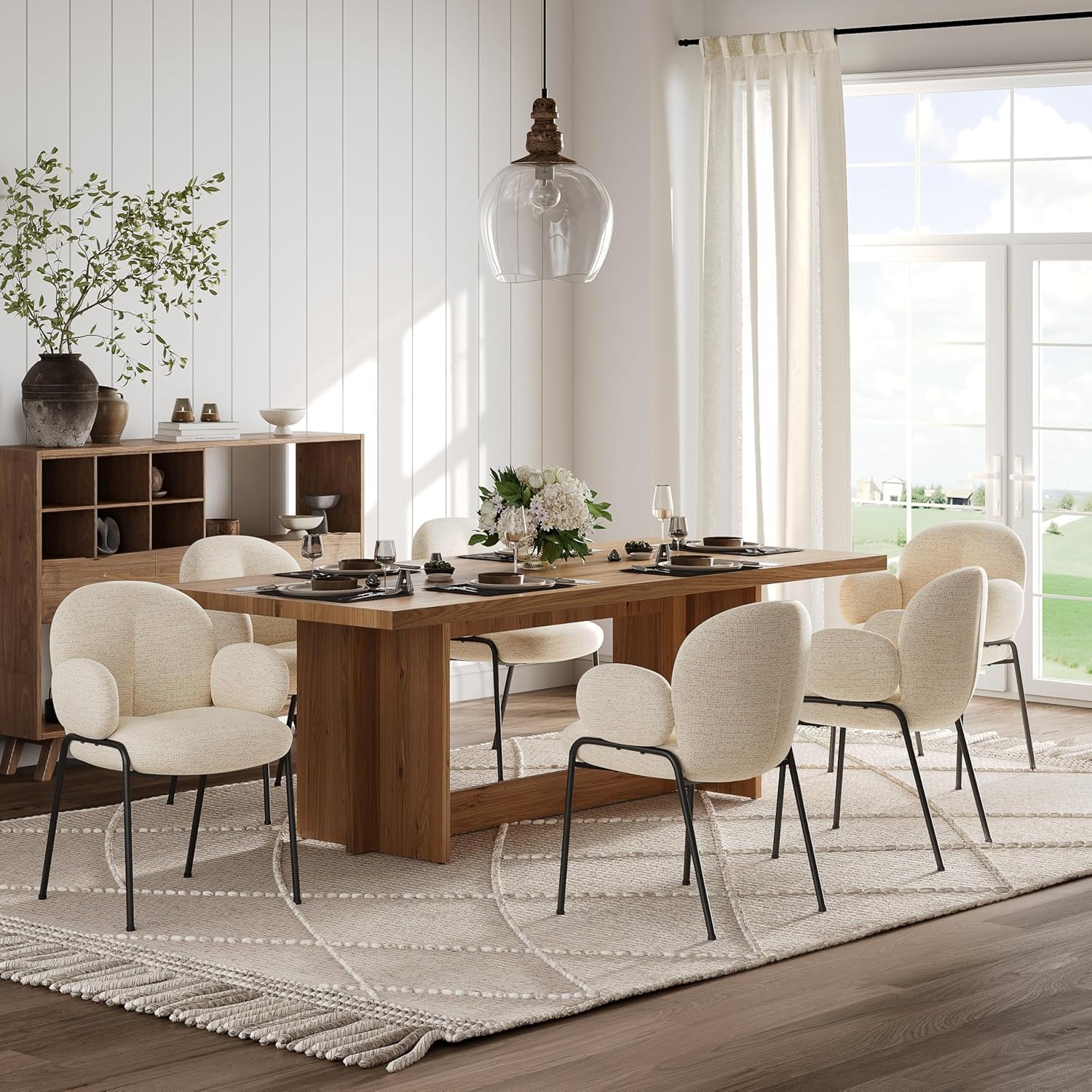 Lot de 6 chaises de Salle à Manger Beige avec accoudoirs - Chaises rembourrées Modernes avec Dossier,Pieds réglables en Hauteur,chaises de Cuisine en Lin pour Salon,Salle à Manger