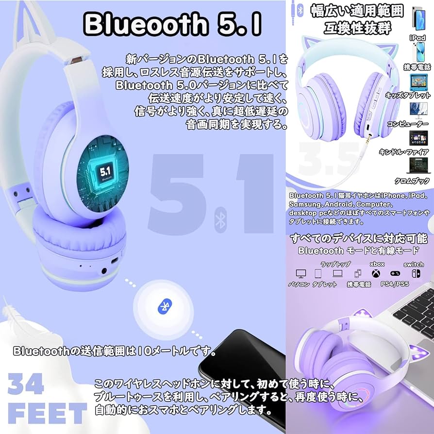 Amazon.co.jp: 猫耳ヘッドホン bluetooth5.1 オーバーイヤー