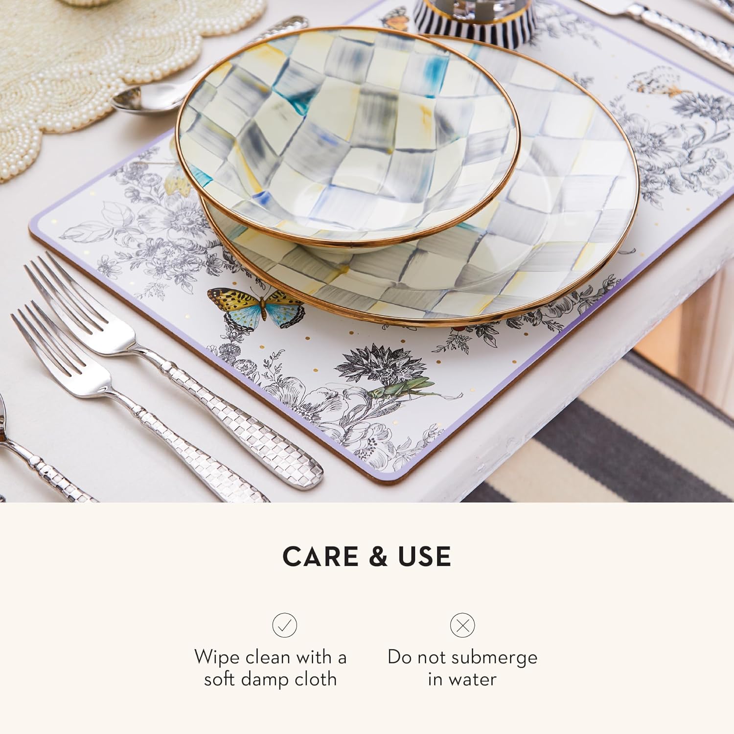 MACKENZIE-CHILDS Set of 4 Cork-Back Placemats, Hard-Finish Table Mats, Butterfly Toile