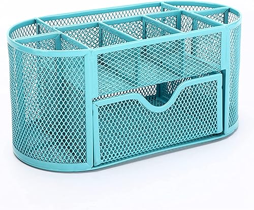 Organizador de escritorio de malla azul, soporte para lápices para escritorio, accesorios de escritorio de oficina de malla con 8 compartimentos y 1