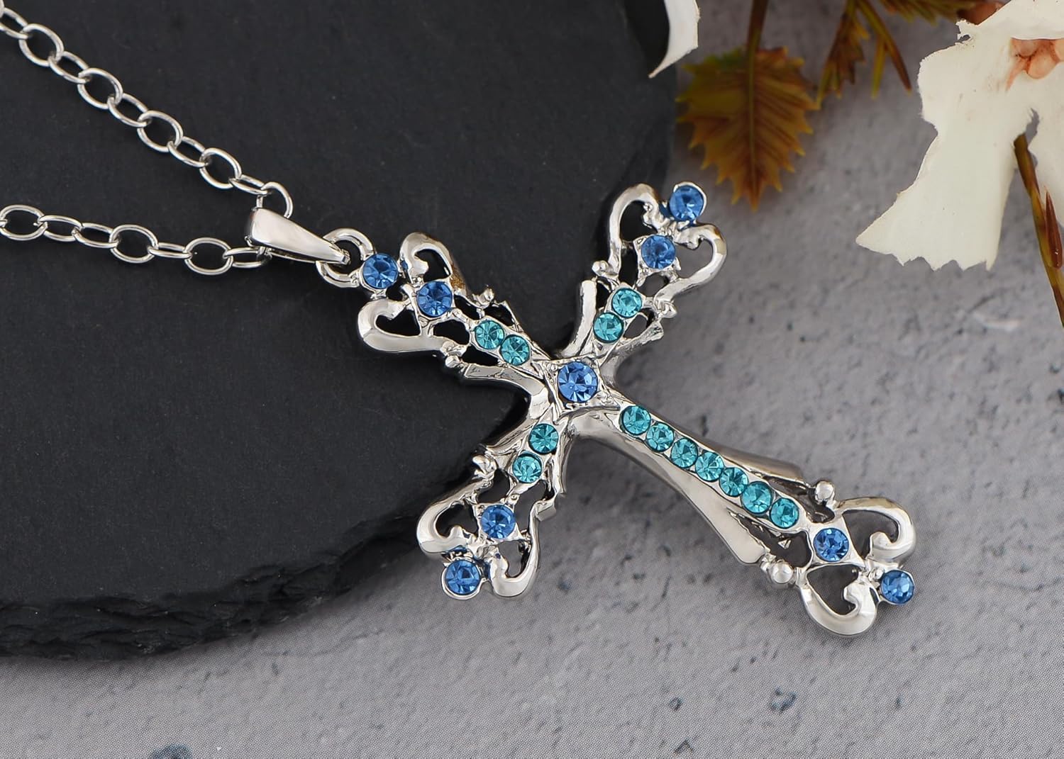 Alilang Womens Black Silver Clear Crystal Rhinestones Celtic Holy Cross Pendant Necklace - Image 2