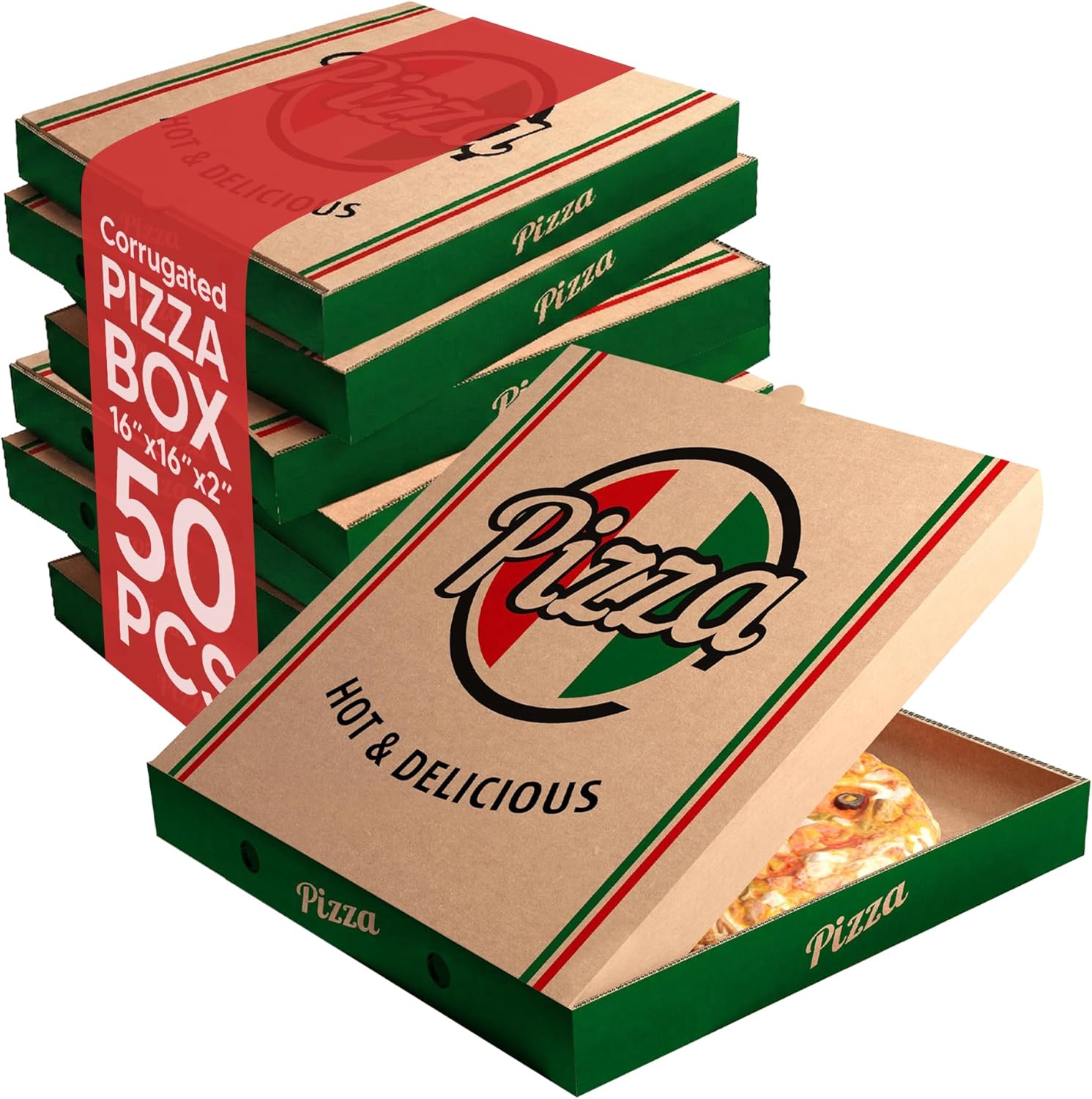 BULK Disposable Pizza Boxes 50 Pack | 14 Inch | Brown Kraft or White | E-Flute | Designed - Hot & Delicious