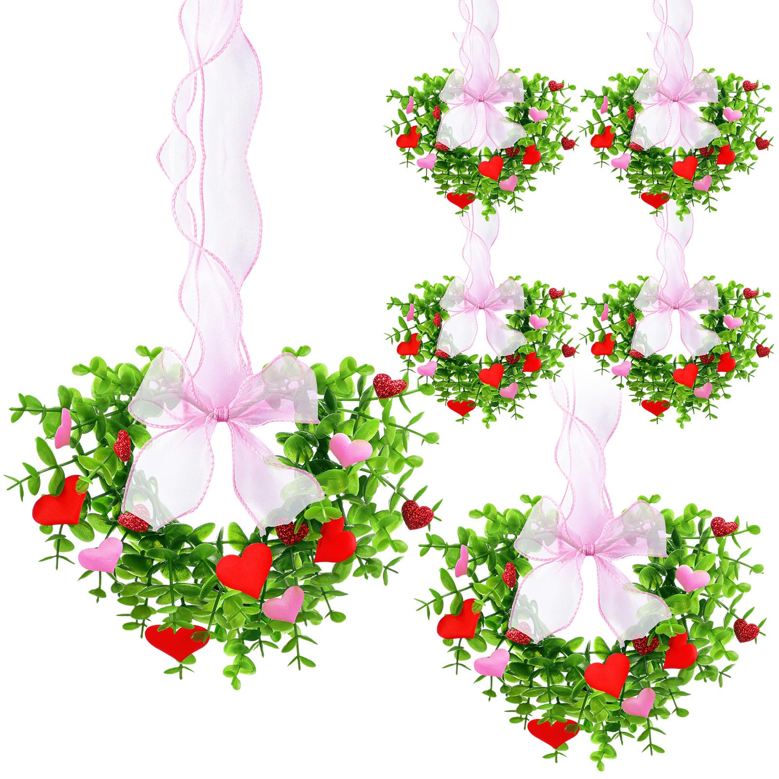 6 Stück Valentinstag Herz Kranz Dekorationen Küchenschrank Kränze mit rosa Schleife Mini-Kränze künstlicher Eukalyptus Frühling Grün hängende Dekorationen Kranz für Fenster Wand Hochzeit Party