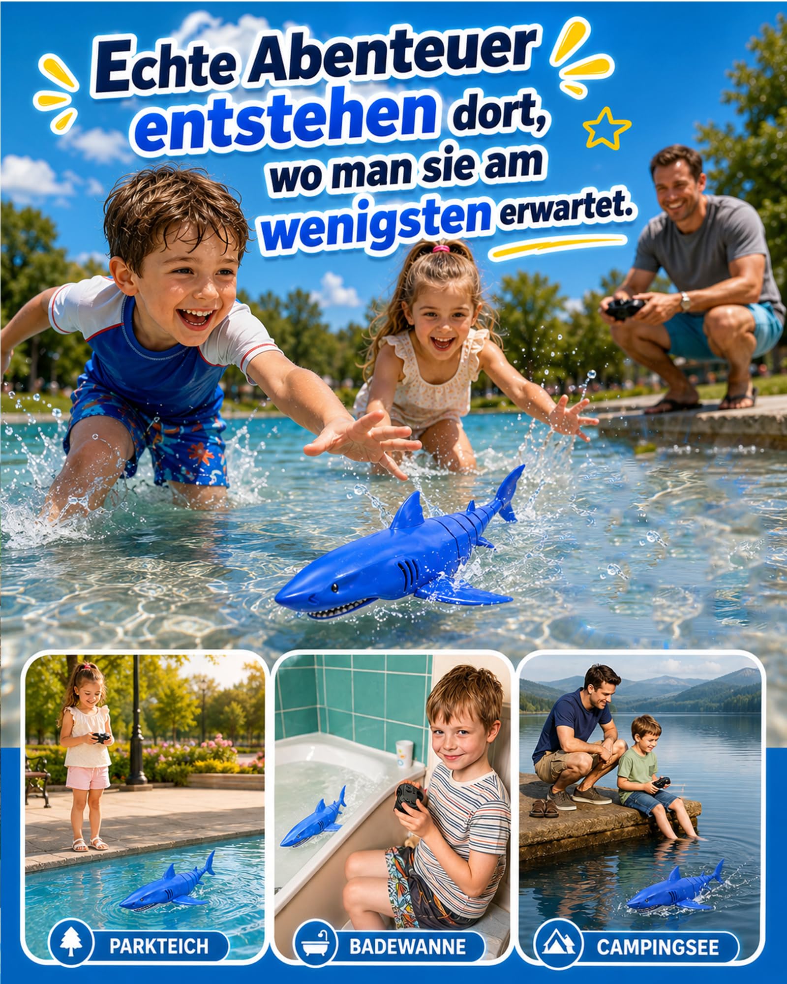 KOKODI Ferngesteuerter Robo-Hai für Kinder ab 3 Jahren – RC Wasserspielzeug mit Licht & Wasserdichter Fernbedienung, Sommerpoolspielzeug, Badespielzeug, Geburtstagsgeschenk Jungen Mädchen