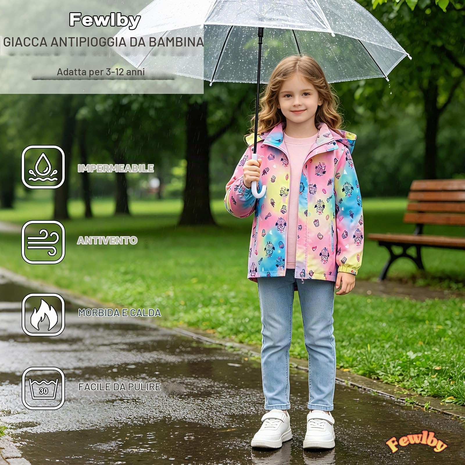 Fewlby Giacca Impermeabile con Cappuccio - Ragazze Impermeabile con Cappuccio Giacca a Vento Bambini Cappotto Foderato in Pile Bambini Capispalla 11-12 Anni