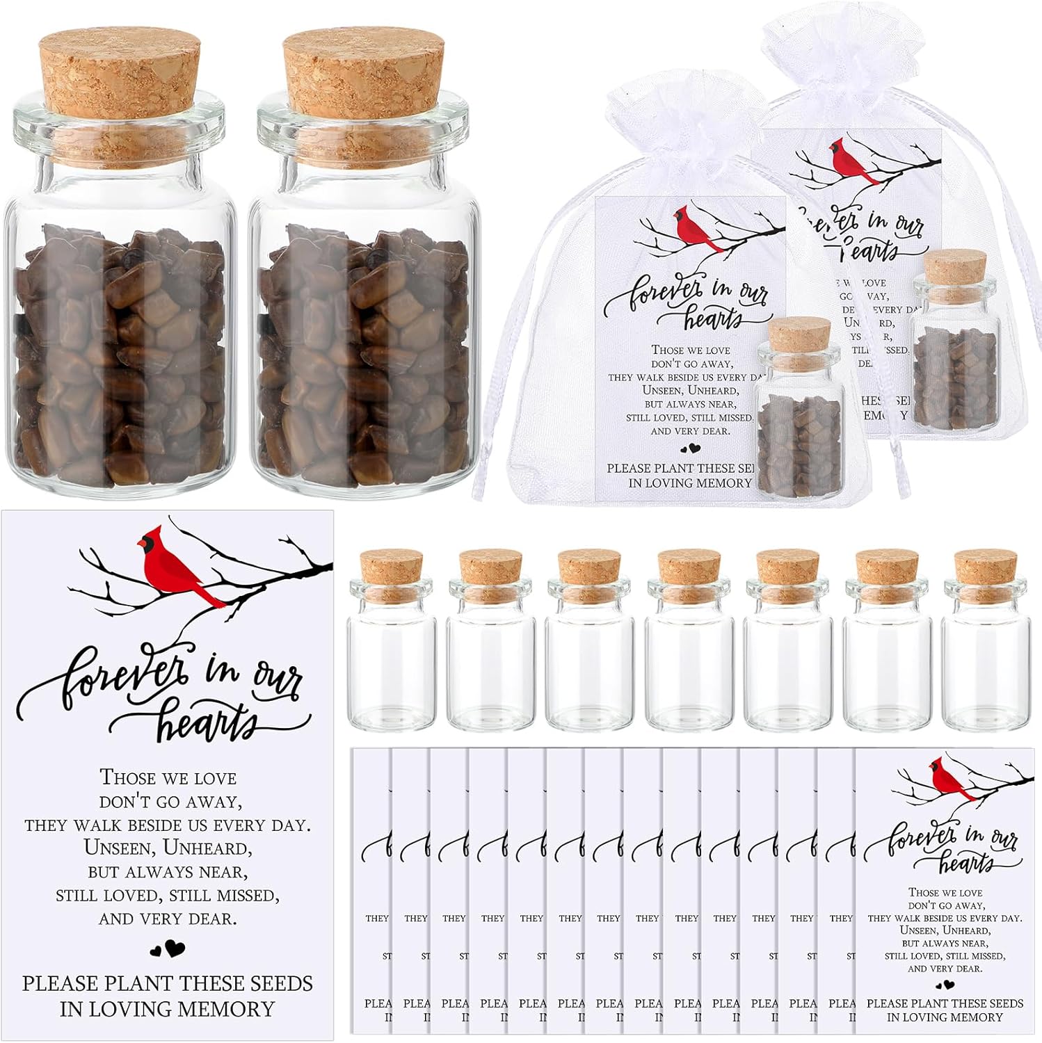 Tanlade 100 Sets Funeral Favors Include Funeral Prayer Cards Celebration of Life Memorial Card Memorial Seeds Glass Bottles with Cork Stopper Organza Bags for Loss of Loved One, No Seed(Cardinal)