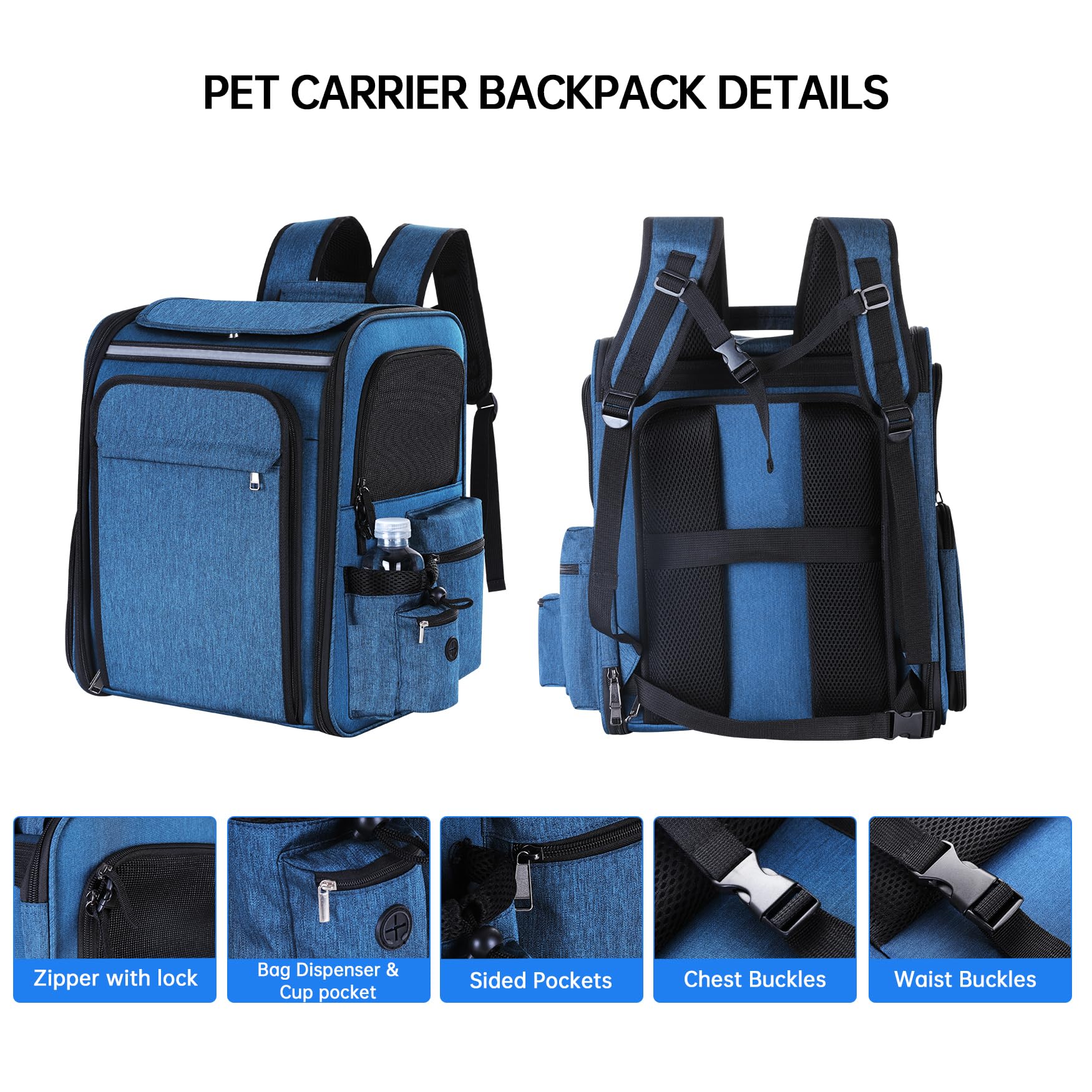 Sac à dos de transport pour animal domestique - Sac à dos de transport en maille douce et respirante pour chat, chien, chiot pesant jusqu'à 9 kg, double face extensible jusqu'à 43,2 x 34,3 x