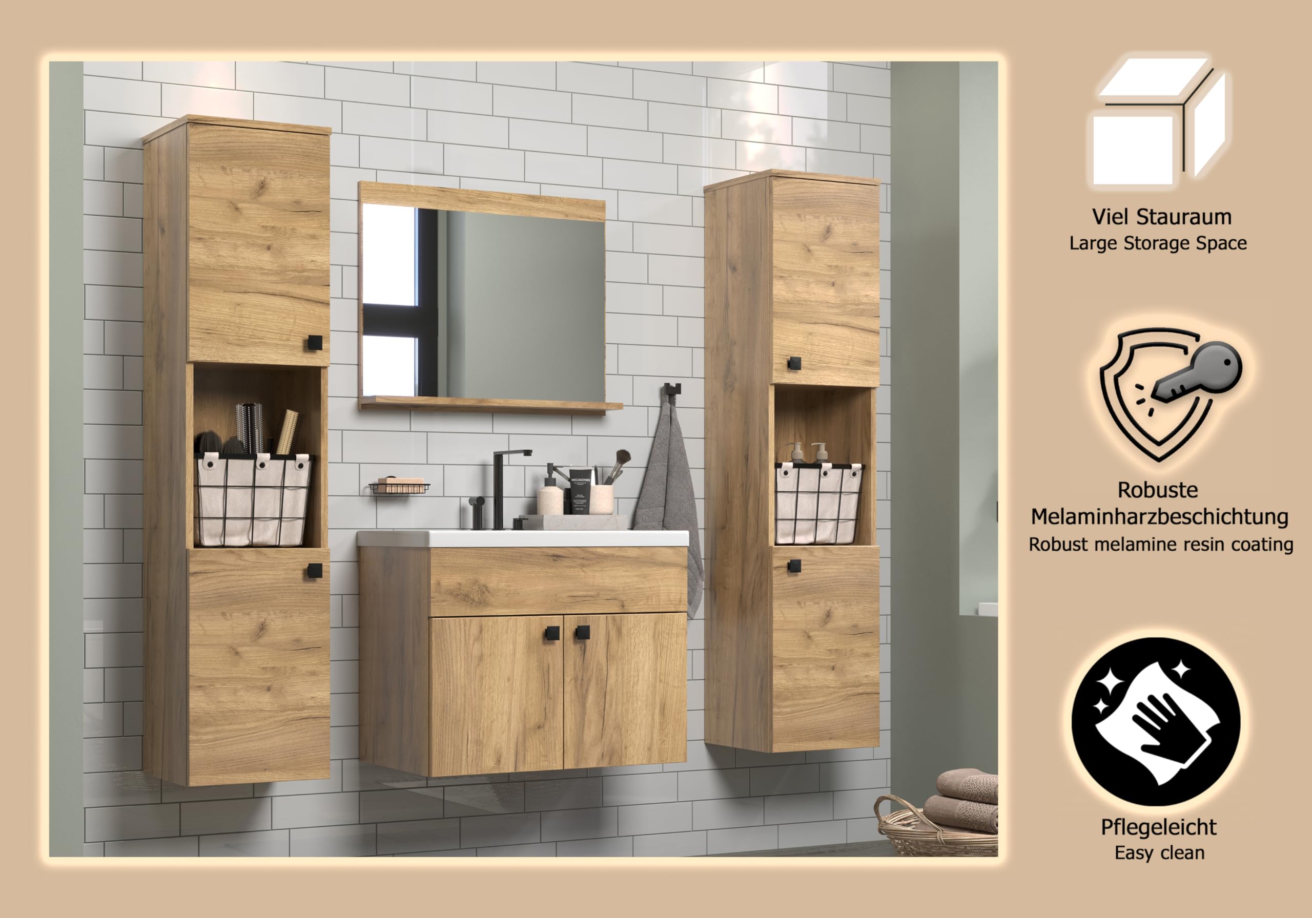 trendteam smart living - Haven - zestaw mebli łazienkowych - dąb - (szer. x wys. x gł.) 142 x 133 x 40 cm - wisząca szafka pod umywalkę wraz z ceramiczną umywalką wkładaną 2 wysokie szafki 1 lustro