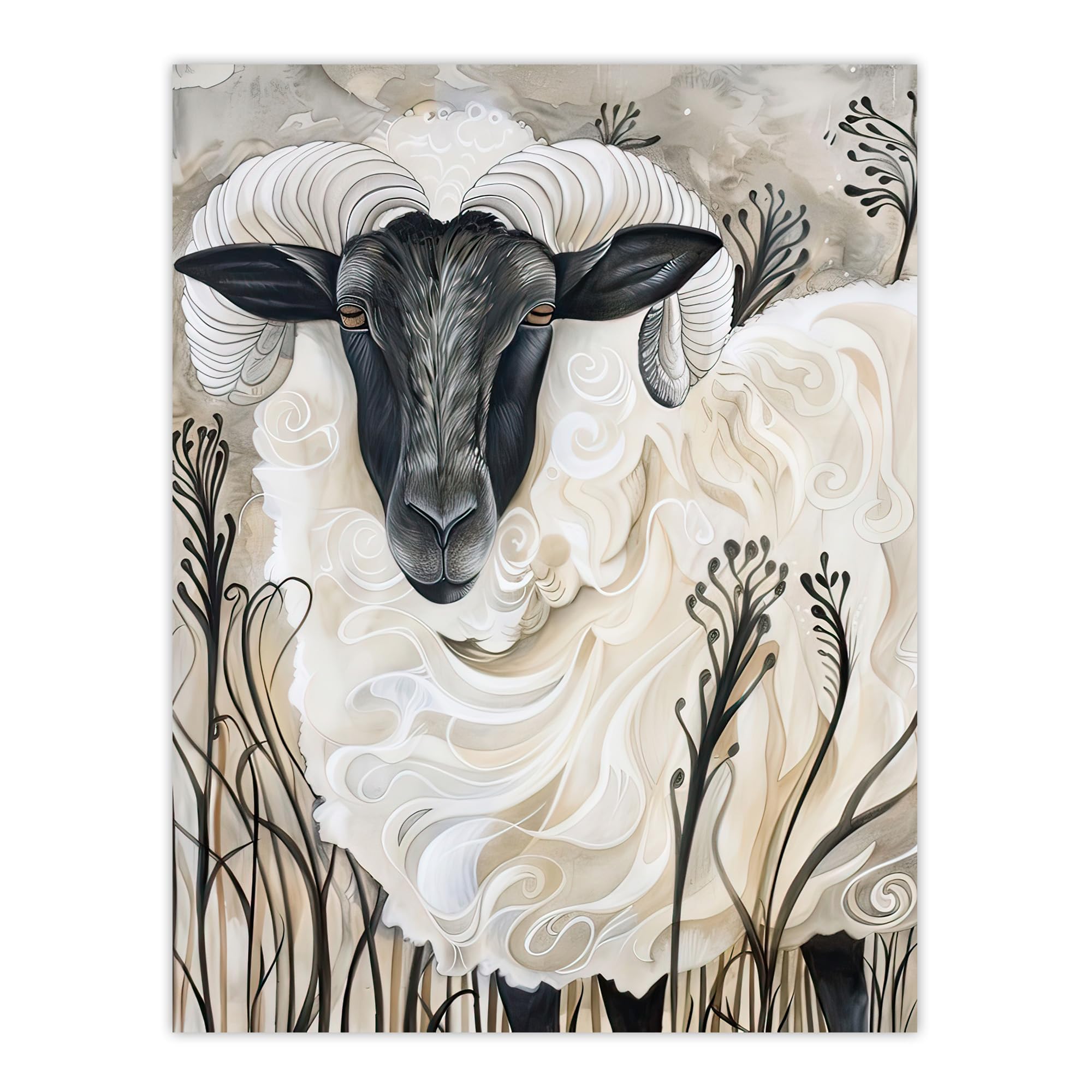 Artery8 Stylised Ram Sheep Animal Portrait Painting Wall Art Print W18" x H24"