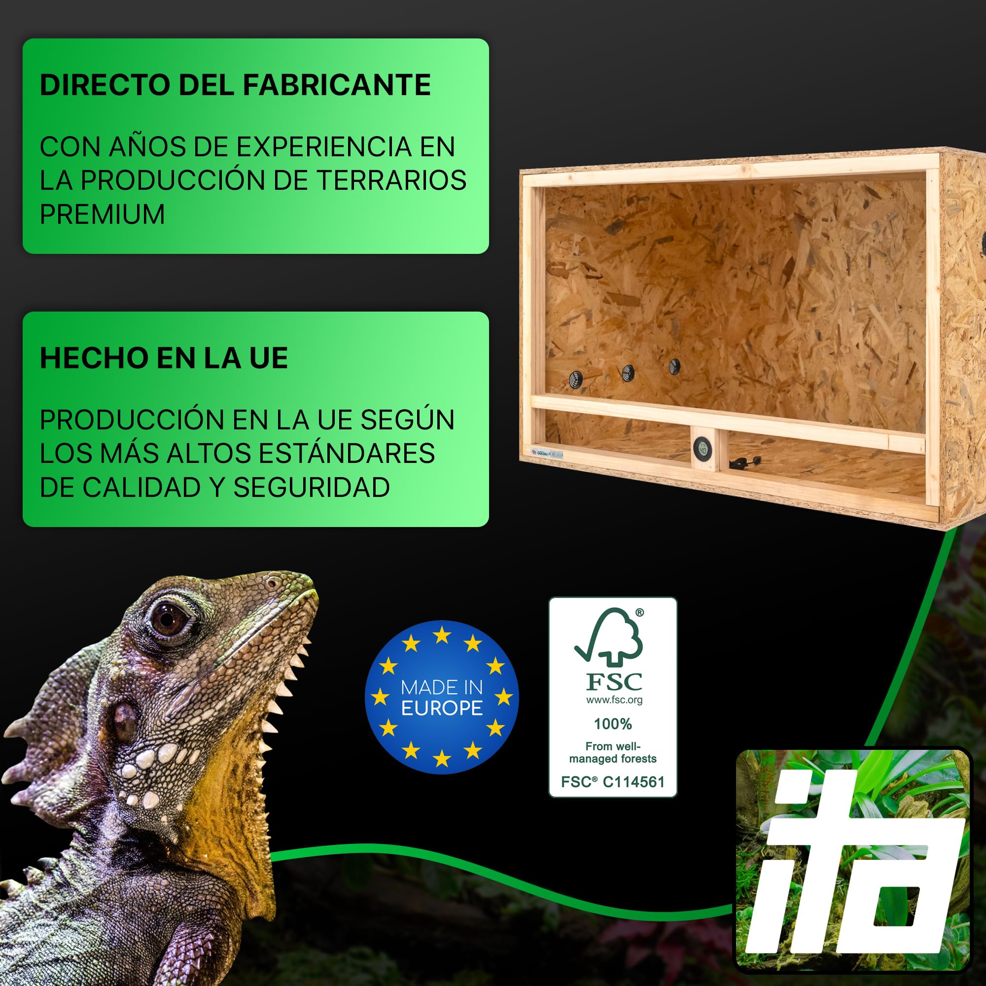 ITA Terrario de Madera 100x60x60 cm con ventilación Lateral e higrómetro Integrado - Terrarios de OSB-3 - para Reptiles, Serpientes, Anfibios - Producto UE, Certificado FSC