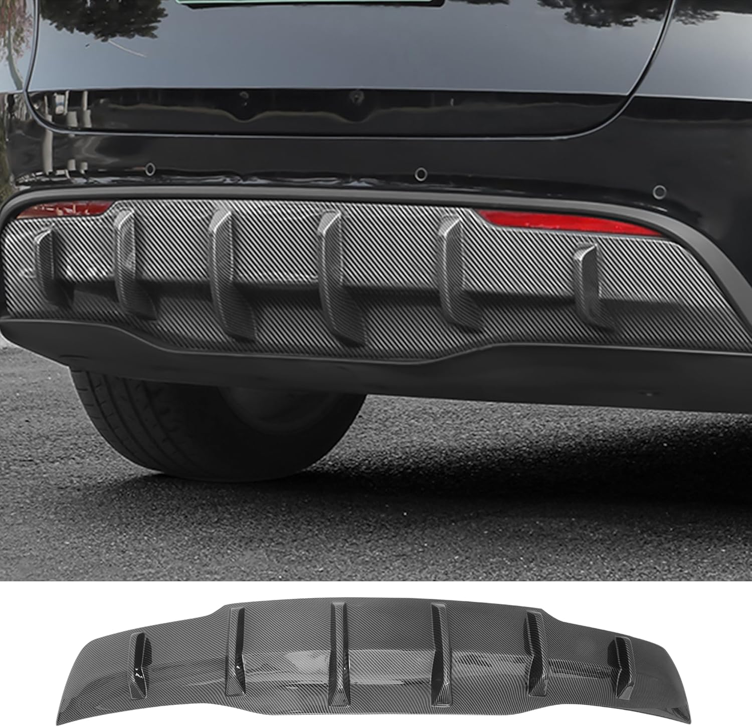 Rear Diffuser for Telsa Model Y Without Drilling, Model Y Rear Bumper Molding Protector Lip Made of PP Material (Glossy Carbon Fiber)
